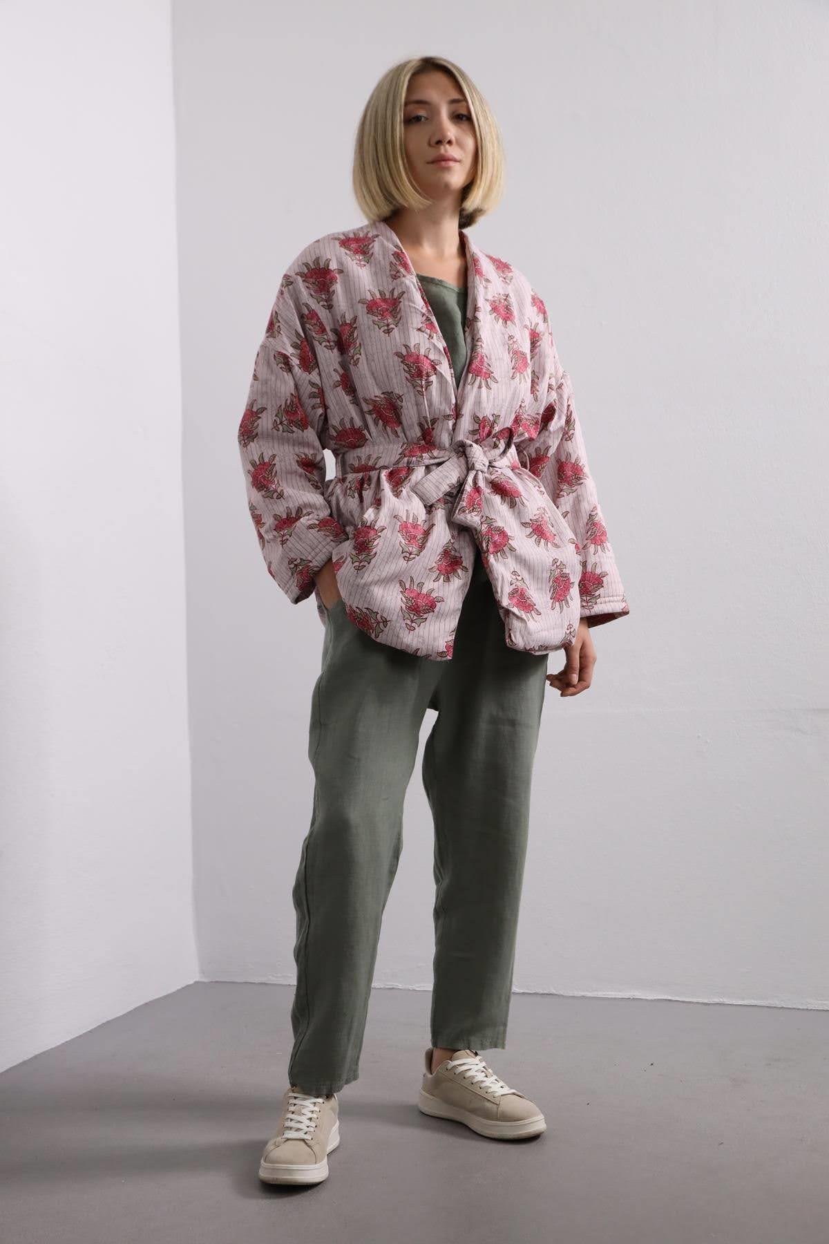 Light Pink Patterned Belted Puffer Jacket - Saman Butik | Shop Online Light Pink Patterned Belted Puffer Jacket