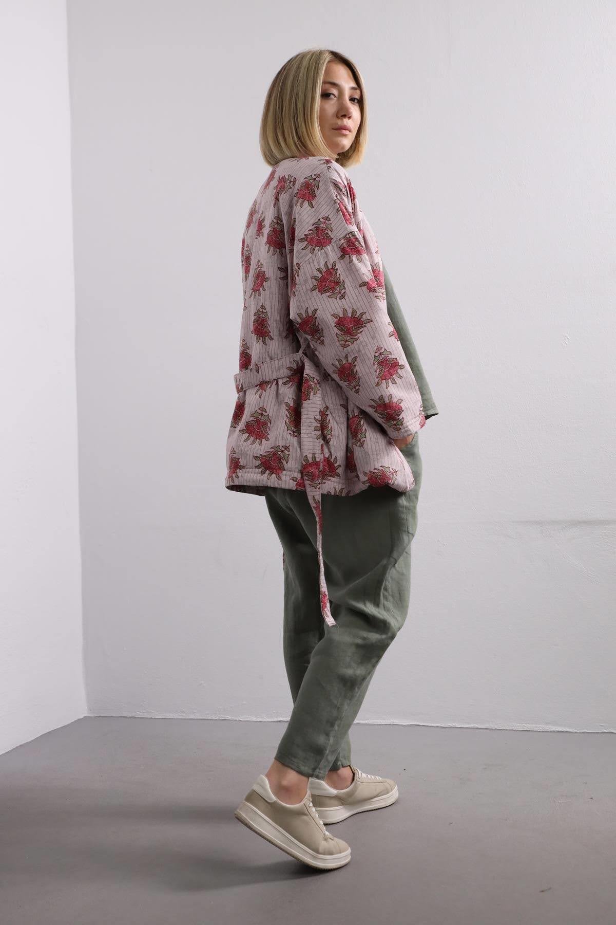 Light Pink Patterned Belted Puffer Jacket - Saman Butik | Shop Online Light Pink Patterned Belted Puffer Jacket