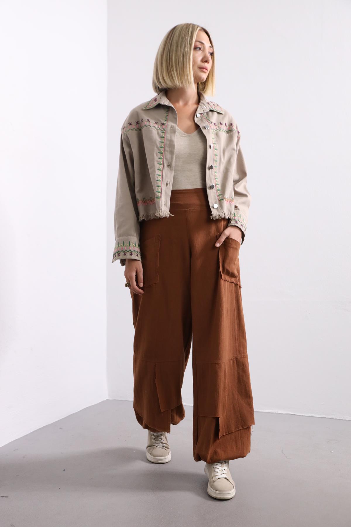 Saman Butik | Shop Online Light Brown Stitched Pockets Trousers