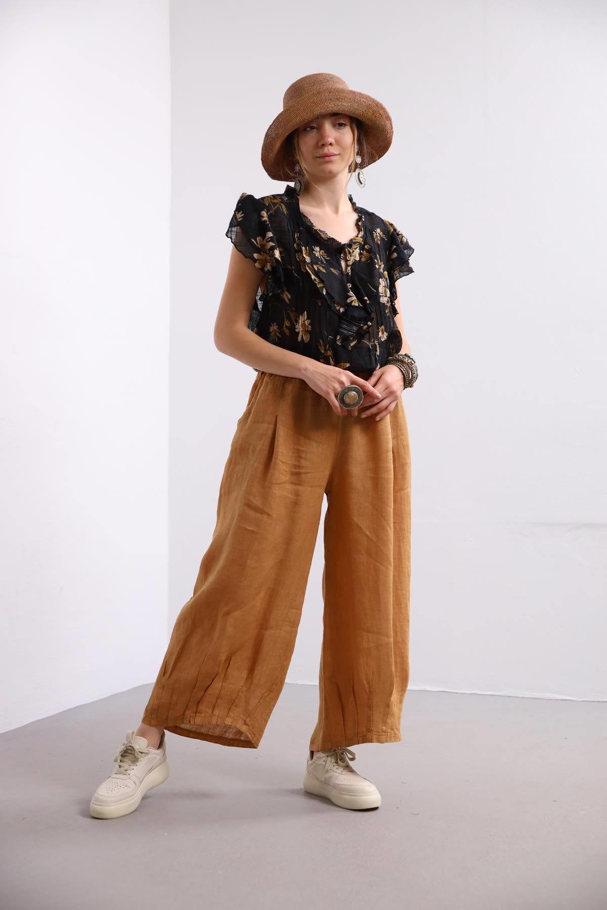 Camel Rengi Paçası Pileli Keten Pantolon - Şaman Butik Camel Rengi Paçası Pileli Keten Pantolon