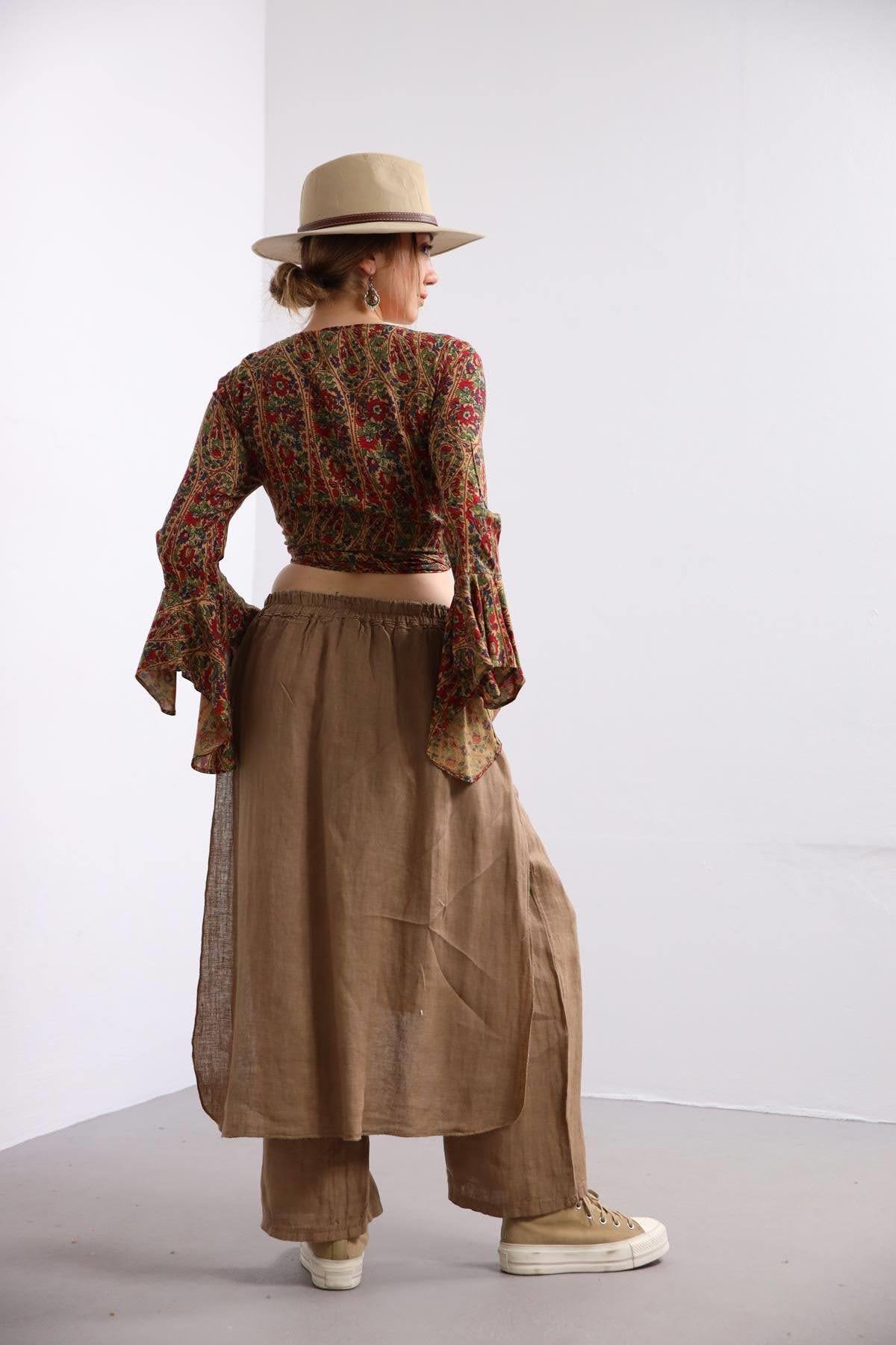 Camel Rengi Parça Detaylı Keten Pantolon - Şaman Butik Camel Rengi Parça Detaylı Keten Pantolon