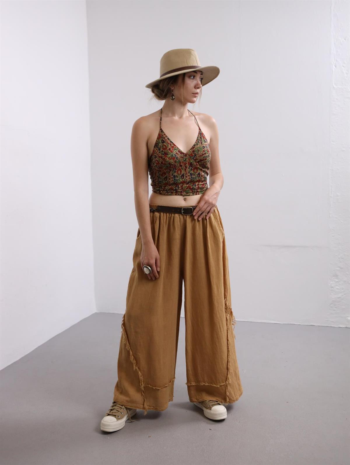 Camel Rengi Saçaklı Keten Pantolon - Şaman Butik Camel Rengi Saçaklı Keten Pantolon