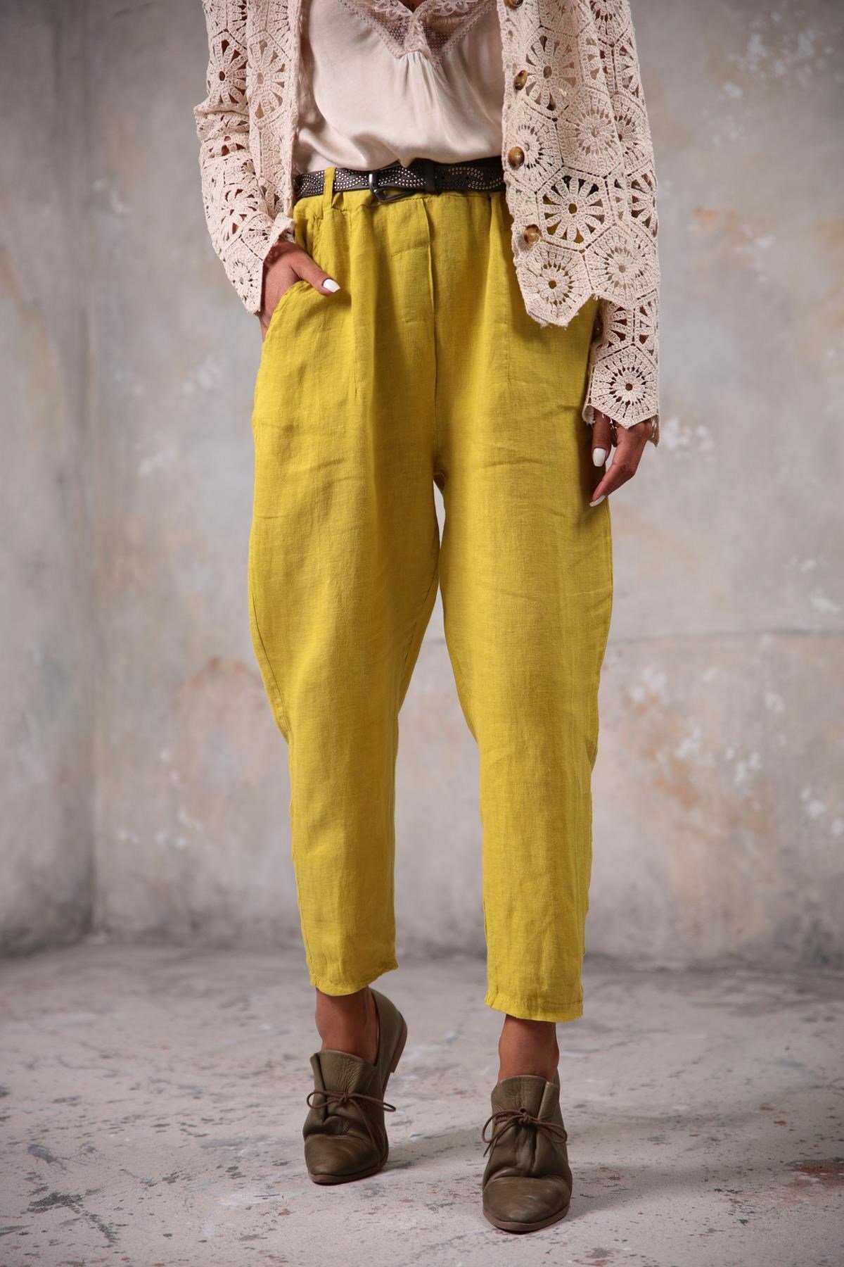 Hardal Keten Judith Pantolon - Şaman Butik Hardal Keten Judith Pantolon