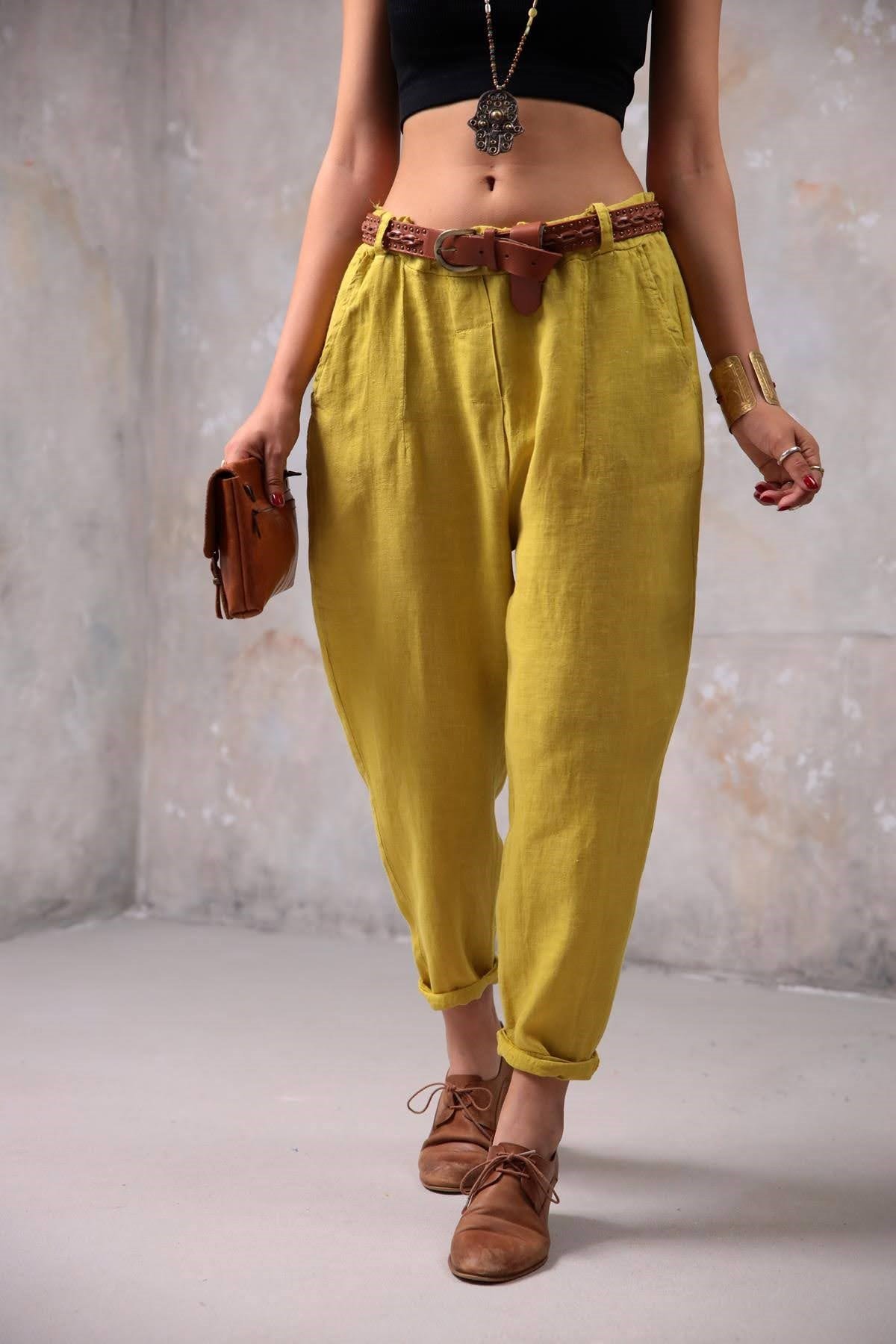 Hardal Keten Judith Pantolon - Şaman Butik Hardal Keten Judith Pantolon