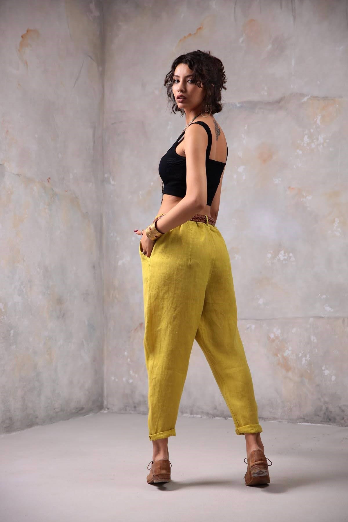 Hardal Keten Judith Pantolon - Şaman Butik Hardal Keten Judith Pantolon