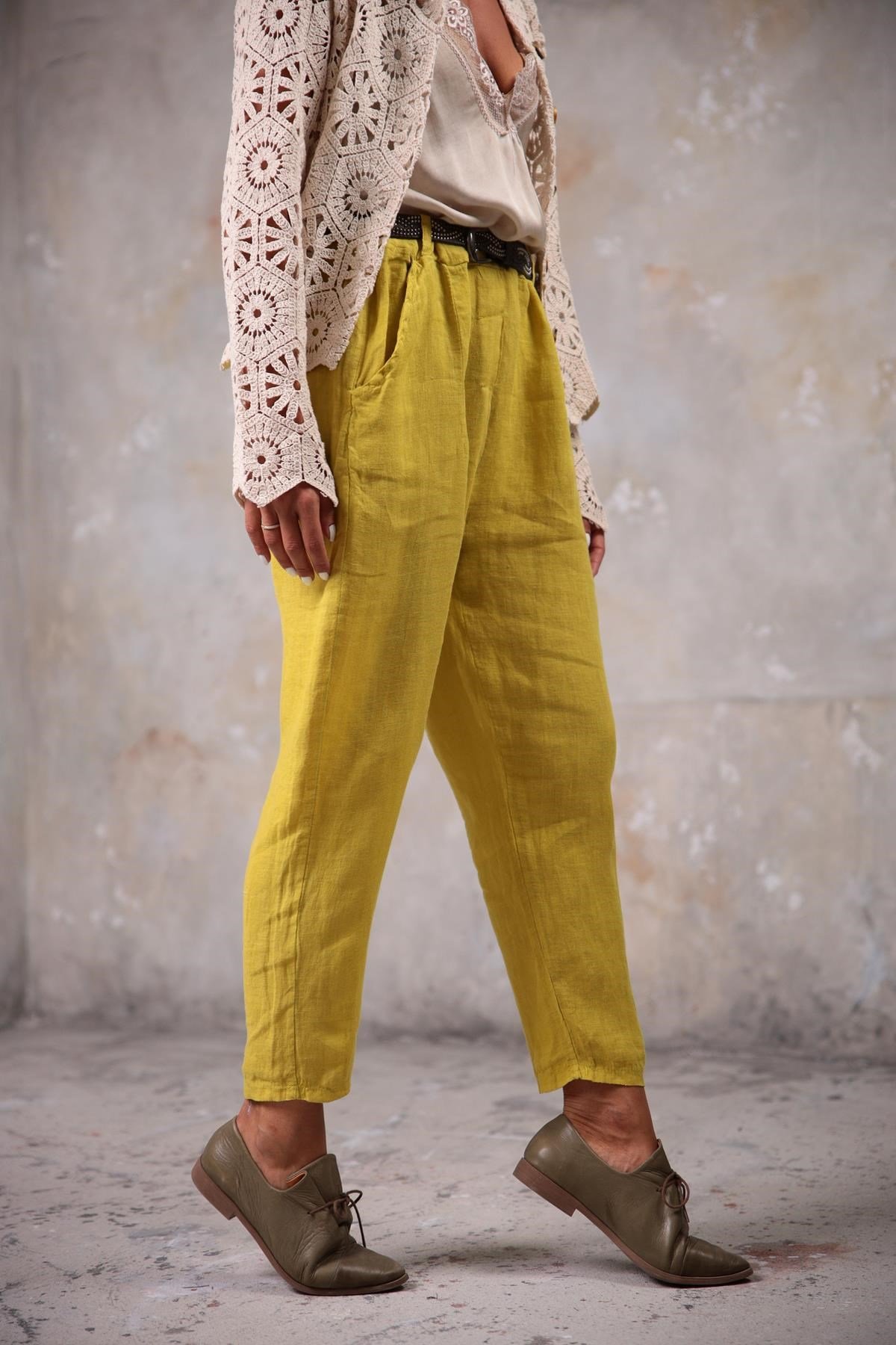 Hardal Keten Judith Pantolon - Şaman Butik Hardal Keten Judith Pantolon