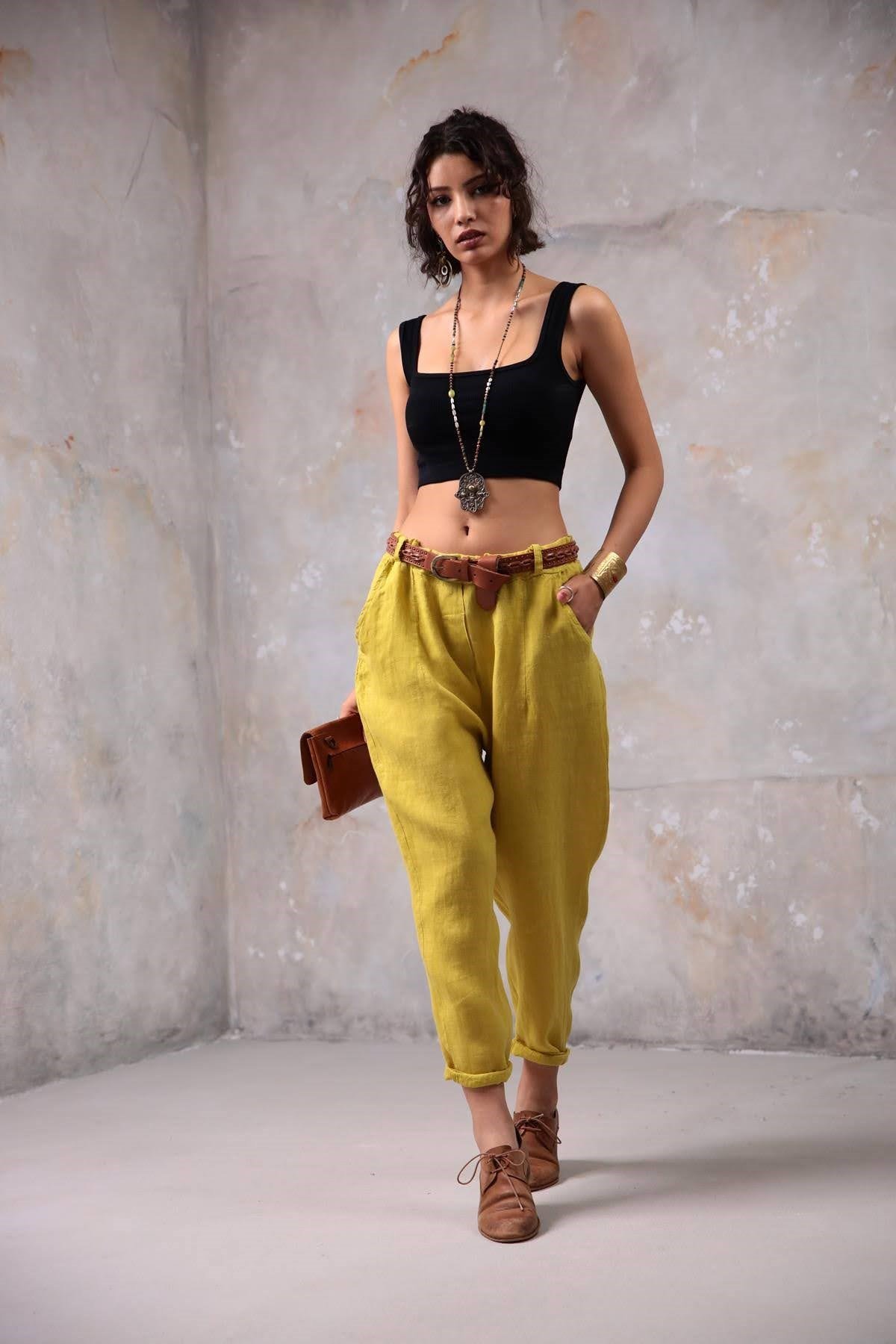 Hardal Keten Judith Pantolon - Şaman Butik Hardal Keten Judith Pantolon