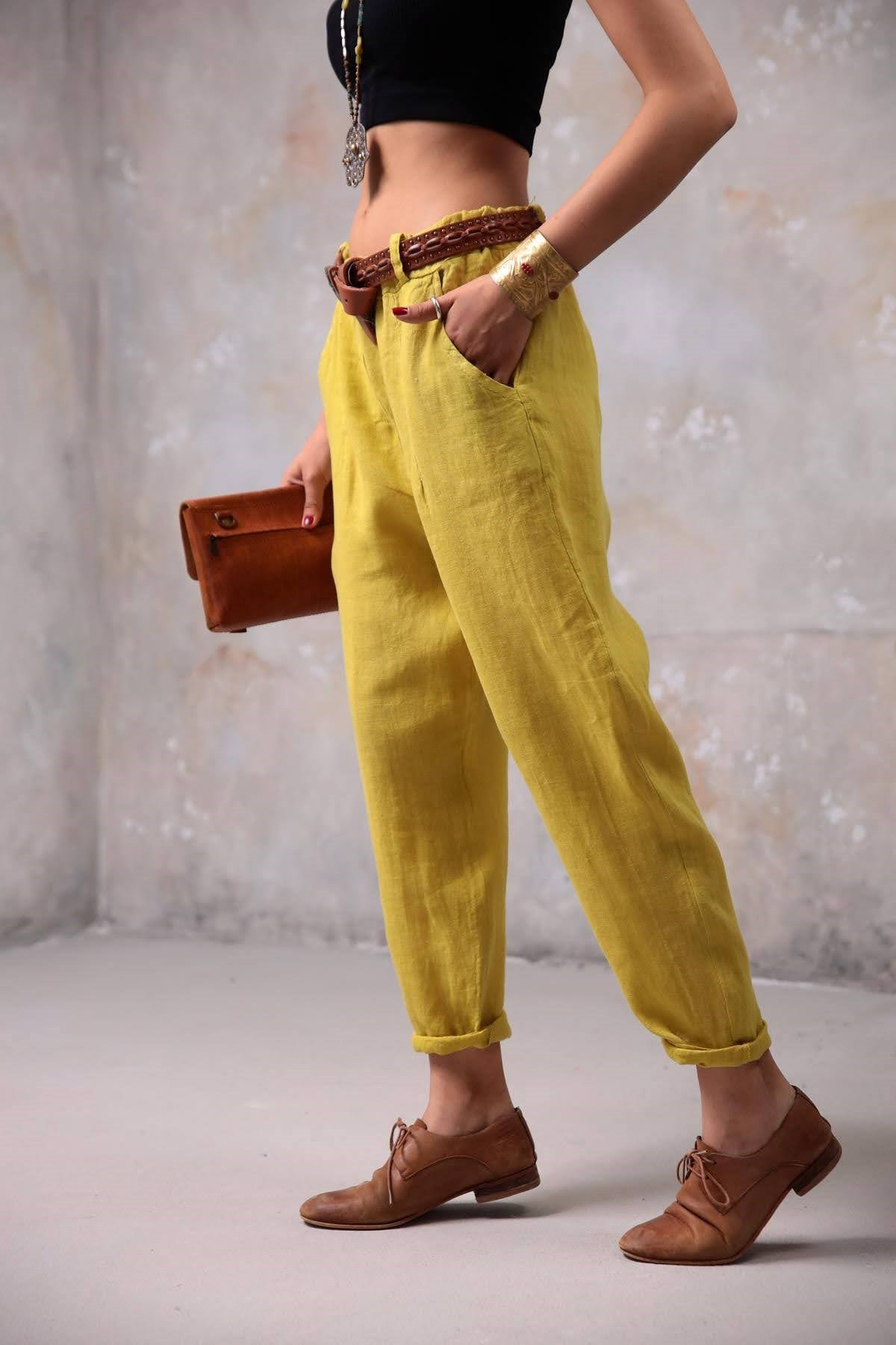 Hardal Keten Judith Pantolon - Şaman Butik Hardal Keten Judith Pantolon