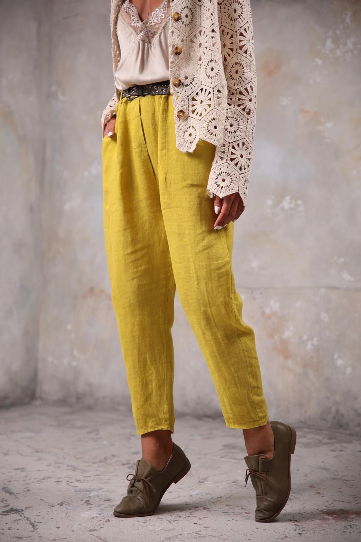 Hardal Keten Judith Pantolon - Şaman Butik Hardal Keten Judith Pantolon