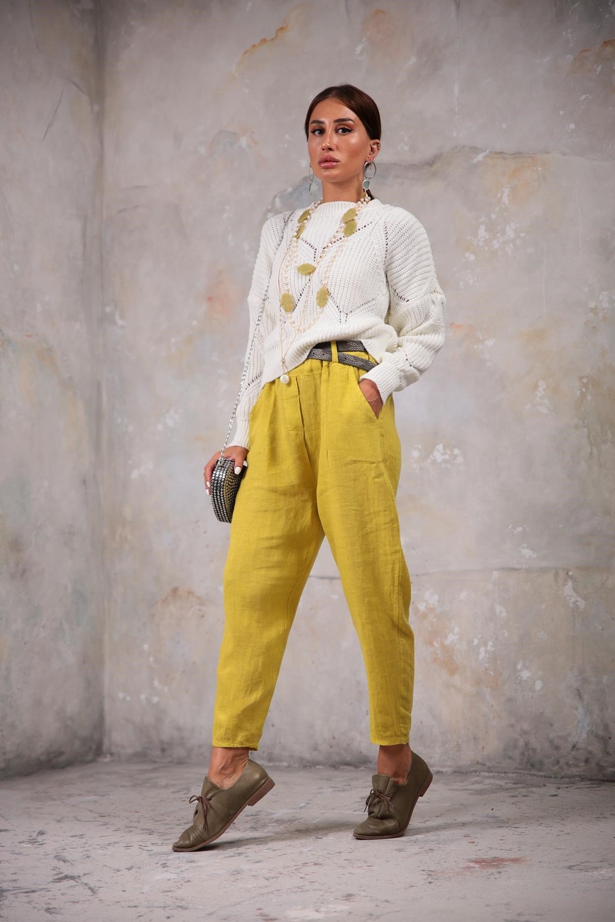 Hardal Keten Judith Pantolon - Şaman Butik Hardal Keten Judith Pantolon