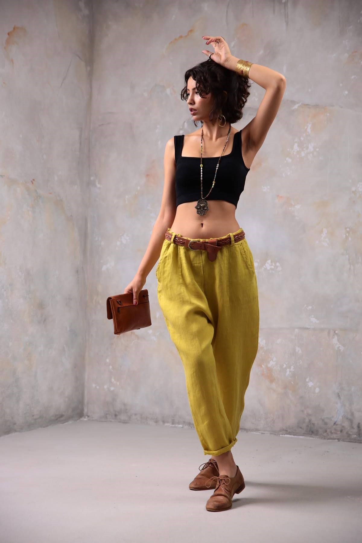 Hardal Keten Judith Pantolon - Şaman Butik Hardal Keten Judith Pantolon