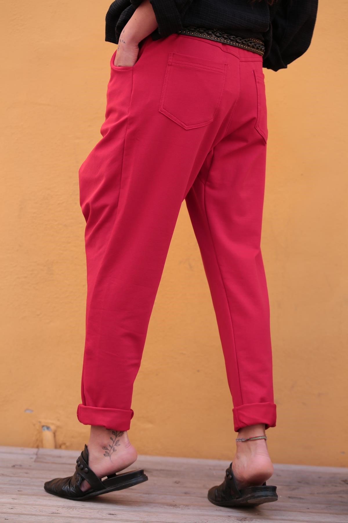 Kırmızı Önü Kruvaze Şalvar Pantolon - Şaman Butik Kırmızı Önü Kruvaze Şalvar Pantolon