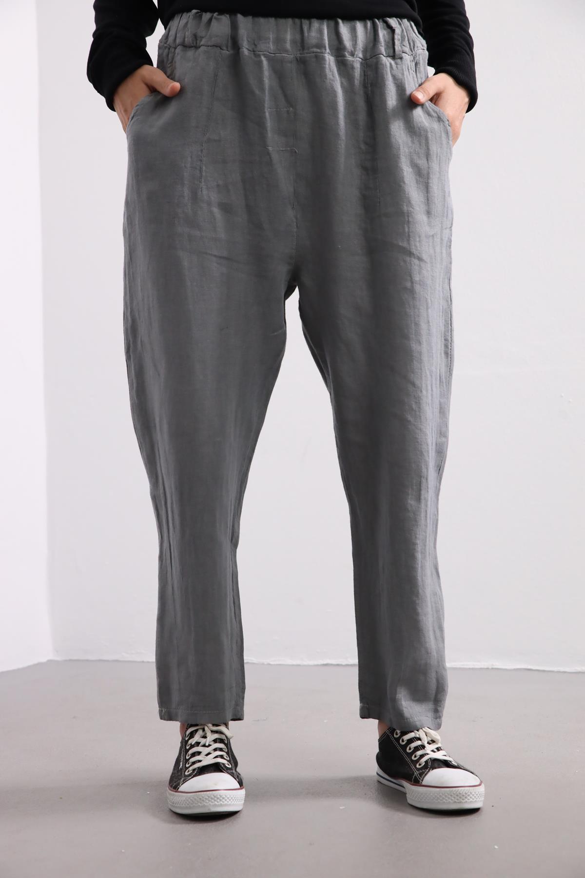Koyu Gri Keten Judith Pantolon - Şaman Butik Koyu Gri Keten Judith Pantolon
