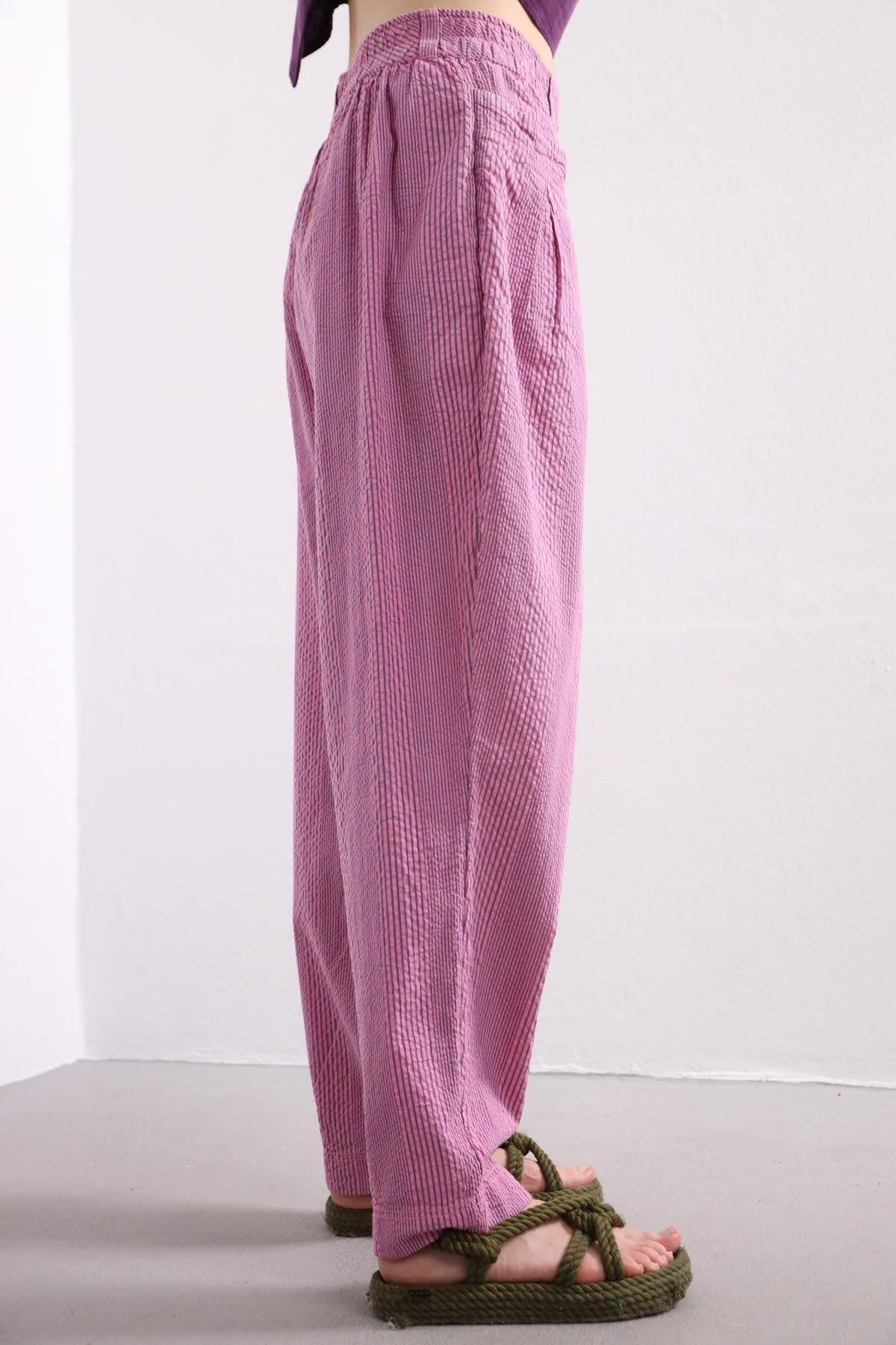 Pembe Çizgili Göz Cepli Pantolon - Şaman Butik Pembe Çizgili Göz Cepli Pantolon