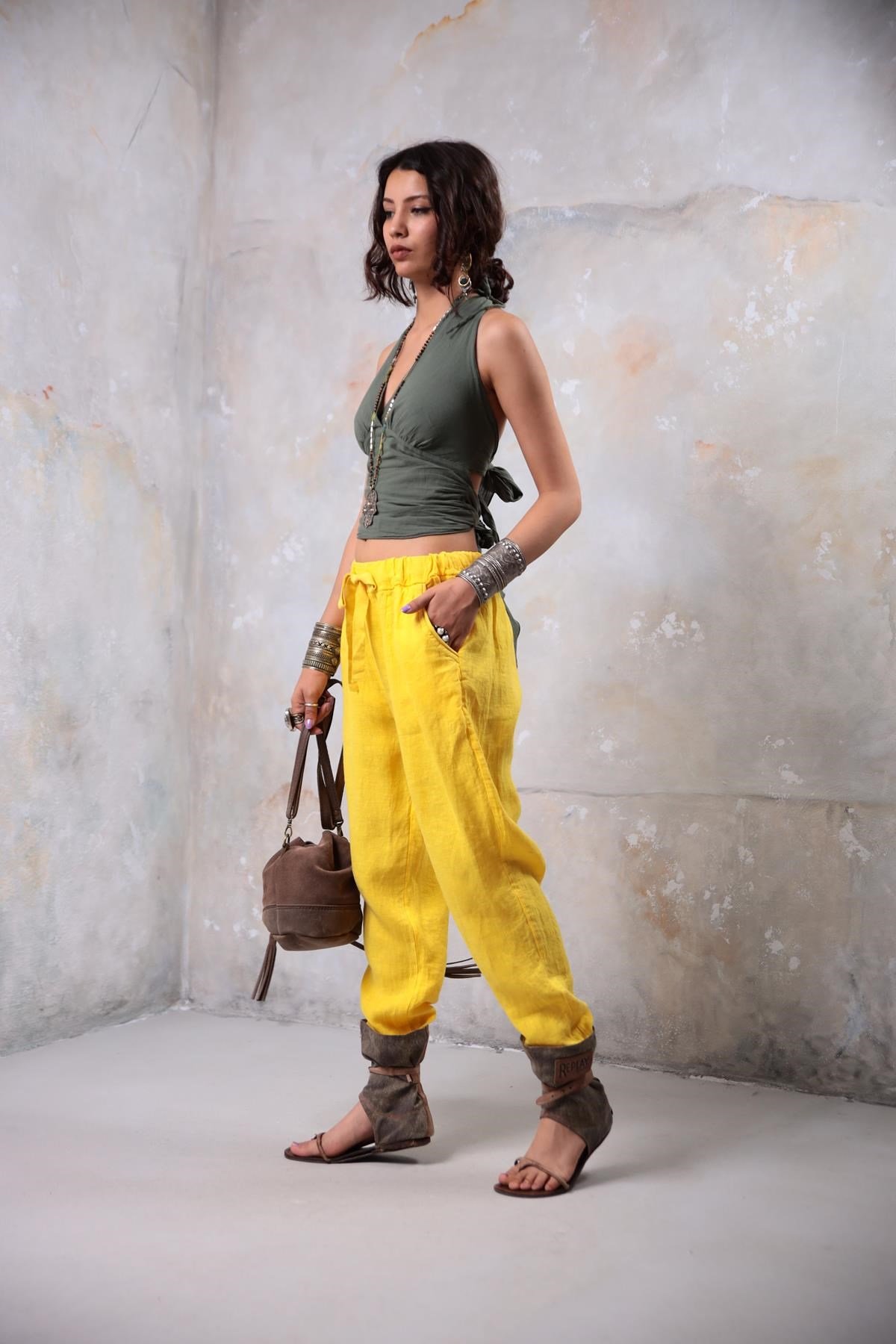 Yellow Tinsel Detailed Linen Trousers - Saman Butik | Shop Online Yellow Tinsel Detailed Linen Trousers