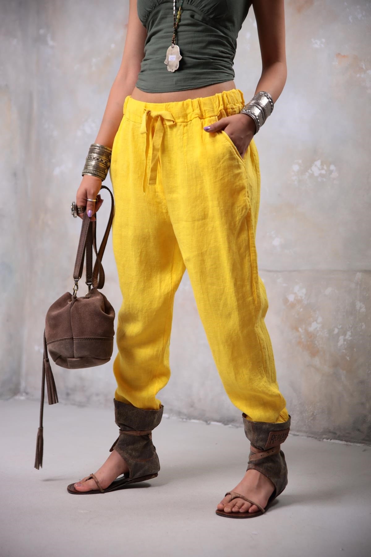 Yellow Tinsel Detailed Linen Trousers - Saman Butik | Shop Online Yellow Tinsel Detailed Linen Trousers