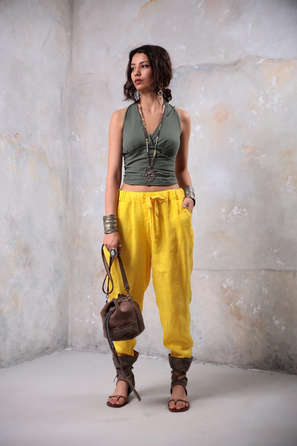 Yellow Tinsel Detailed Linen Trousers - Saman Butik | Shop Online Yellow Tinsel Detailed Linen Trousers