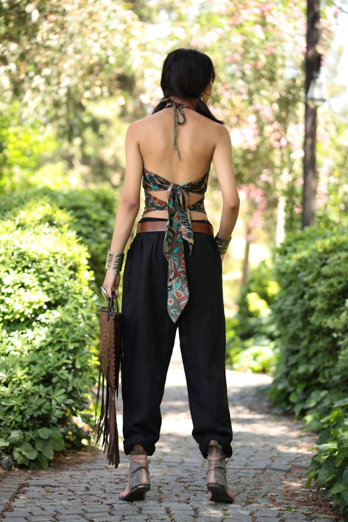  Siyah Beli İpli Keten Pantolon
