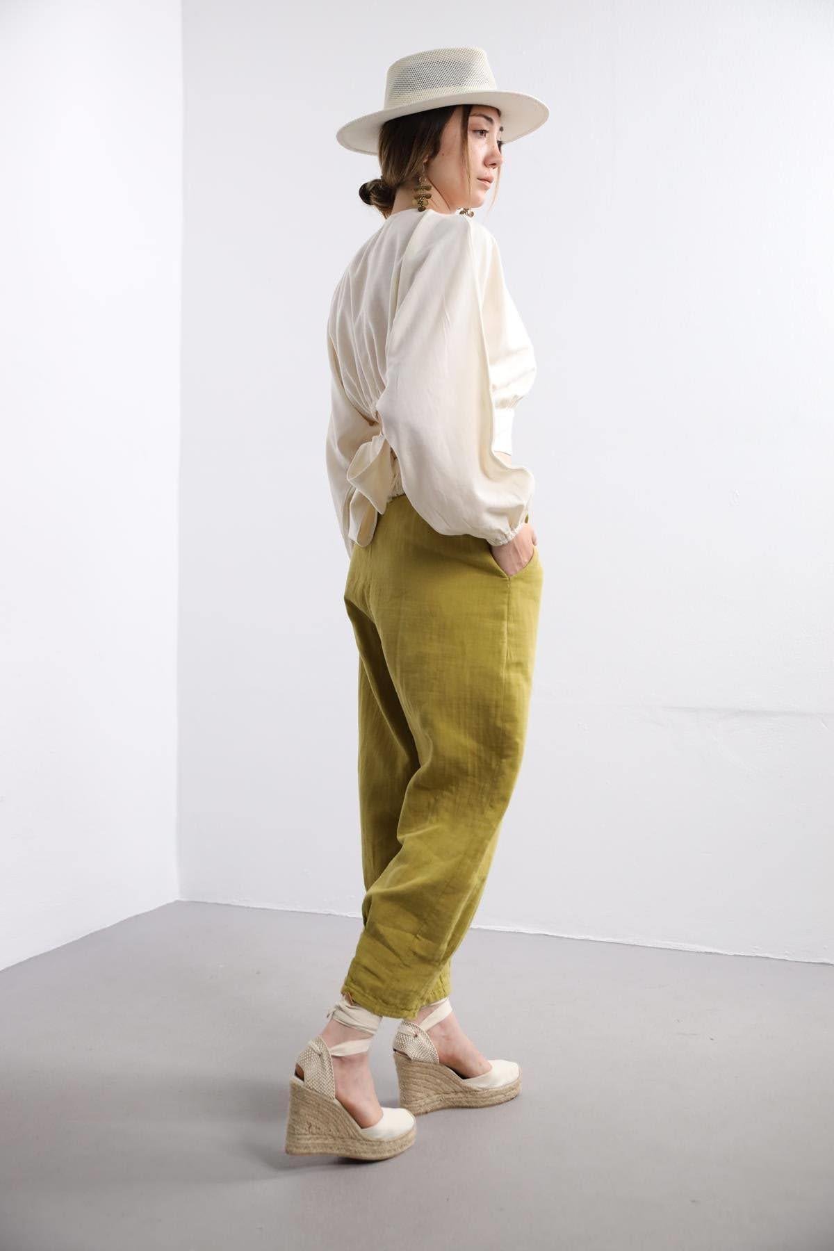 Oil Green Elastic Waist Trousers Oil Green Elastic Waist Trousers