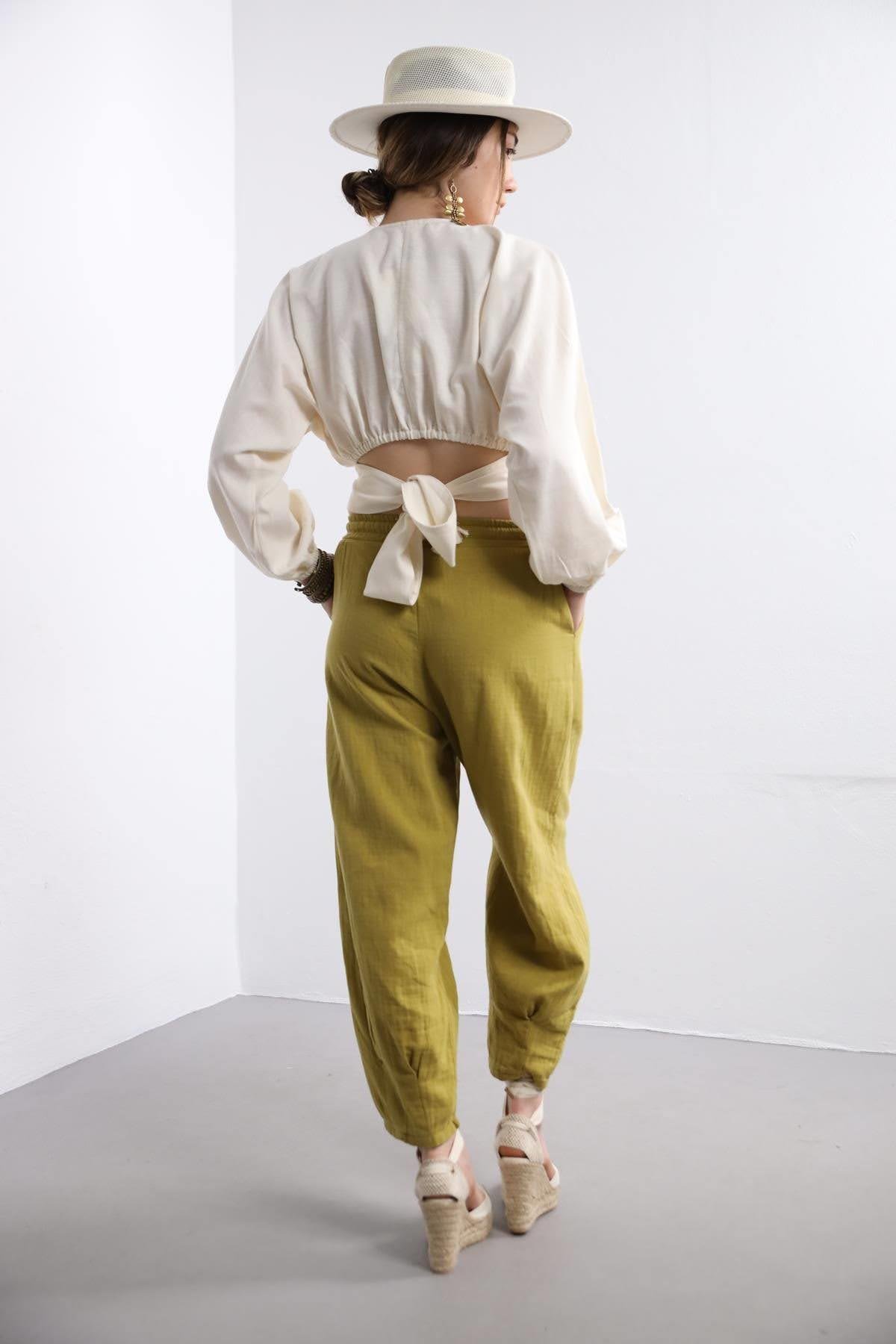 Oil Green Elastic Waist Trousers Oil Green Elastic Waist Trousers