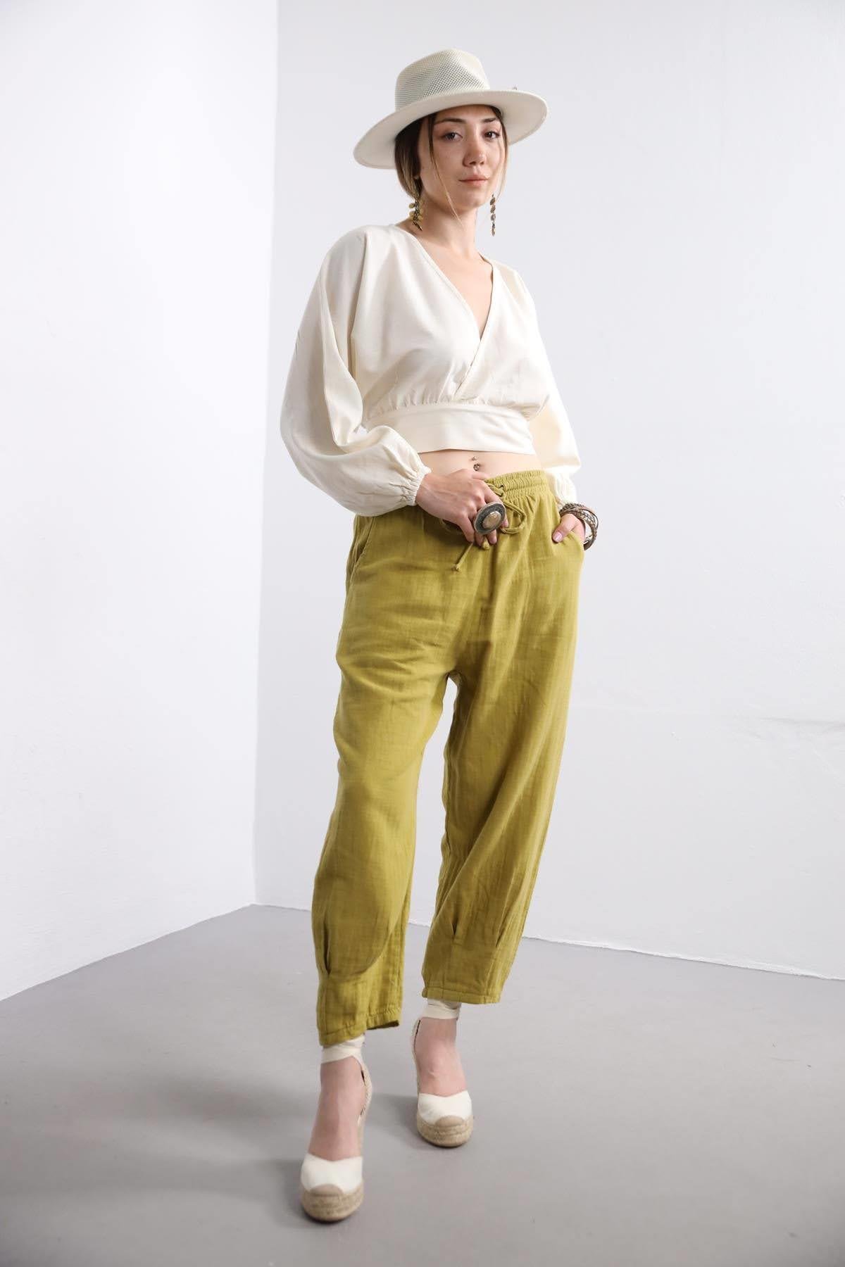 Oil Green Elastic Waist Trousers Oil Green Elastic Waist Trousers