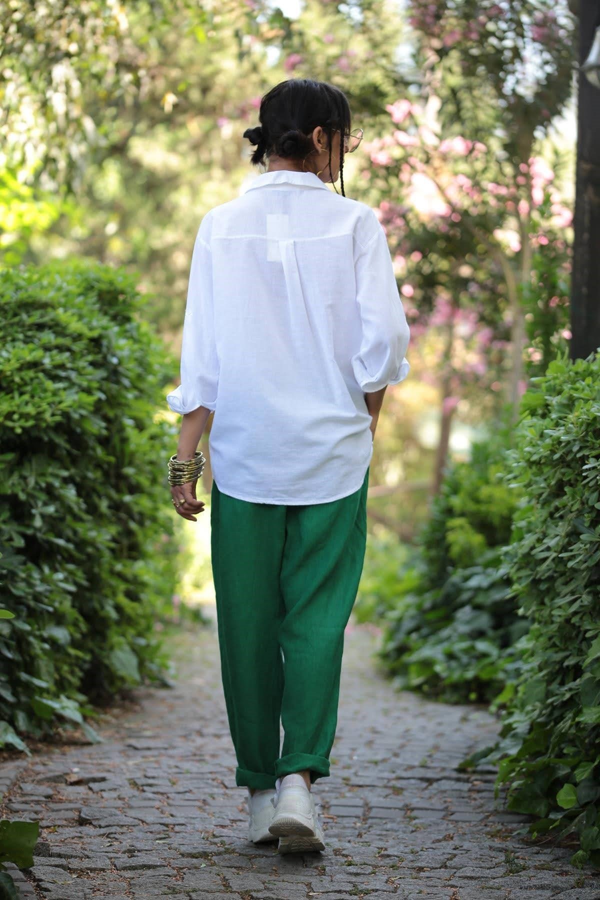  Yeşil Beli İpli Keten Pantolon