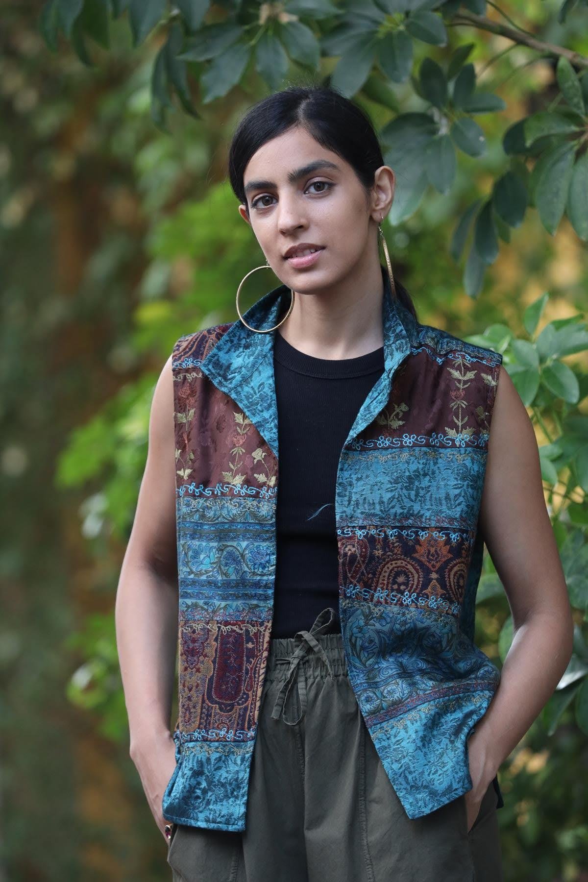 Petrol Mavisi Patchwork Desenli Yelek