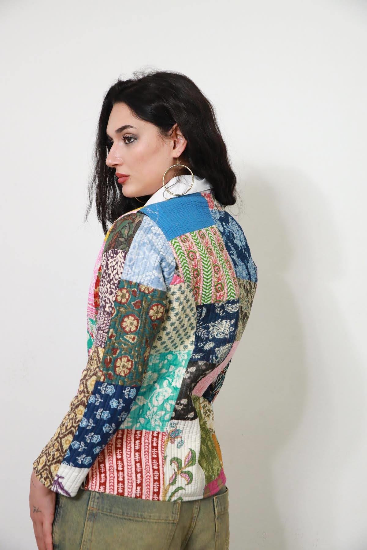 Renkli Patchwork Desenli Çift Taraflı Kapitone Ceket