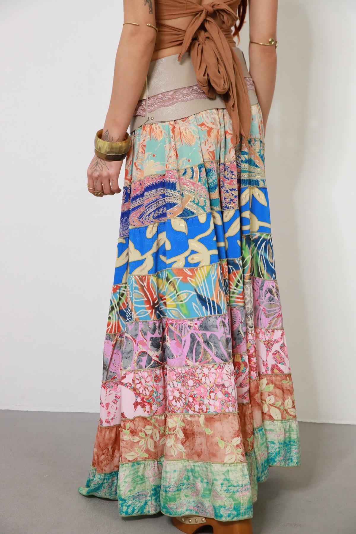 Renkli Patchwork Otantik İpek Etek
