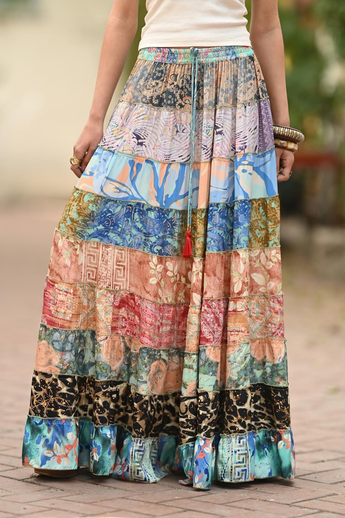 Renkli Patchwork Otantik İpek Etek