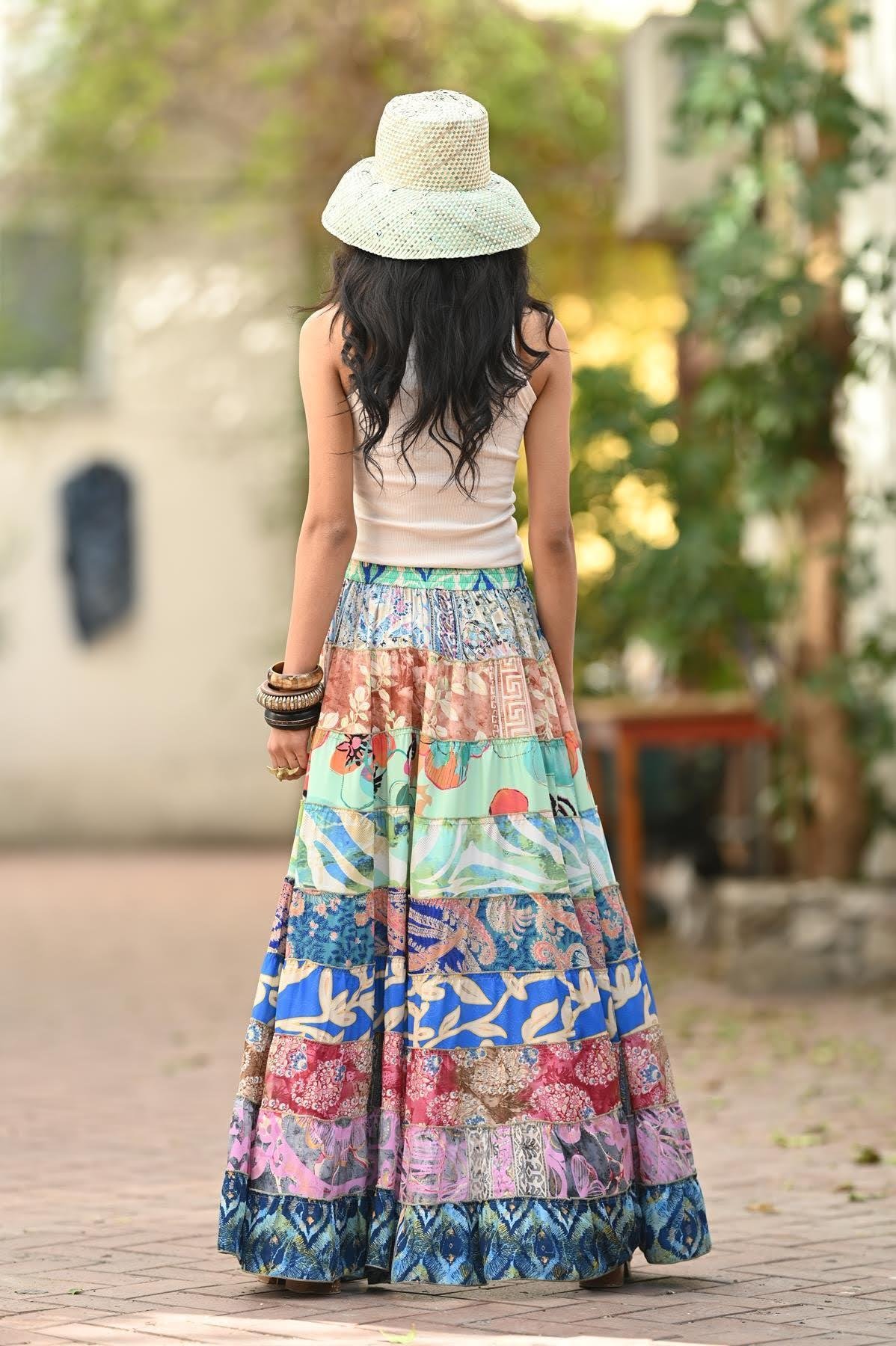 Renkli Patchwork Otantik İpek Etek