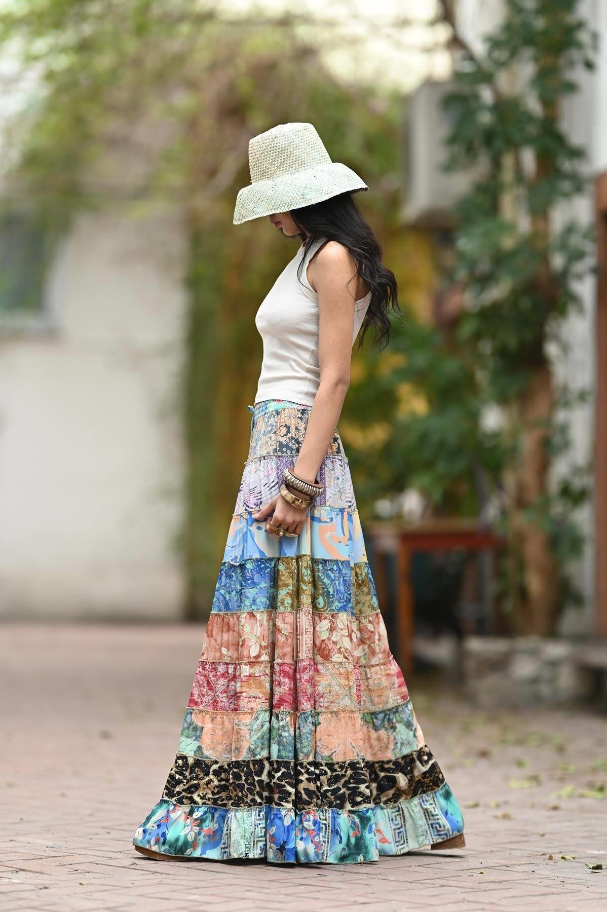 Renkli Patchwork Otantik İpek Etek
