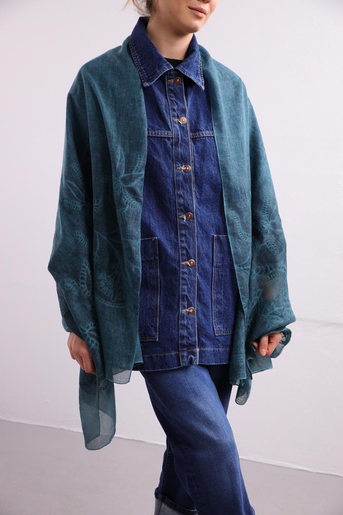 Petrol Blue Floral Embroidered Shawl - Saman Butik | Shop Online Petrol Blue Floral Embroidered Shawl