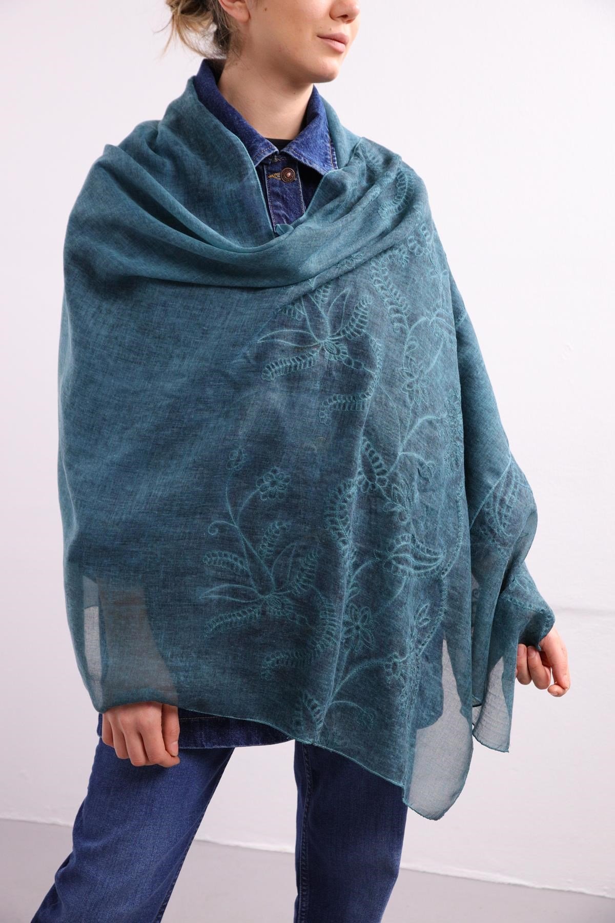 Petrol Blue Floral Embroidered Shawl - Saman Butik | Shop Online Petrol Blue Floral Embroidered Shawl