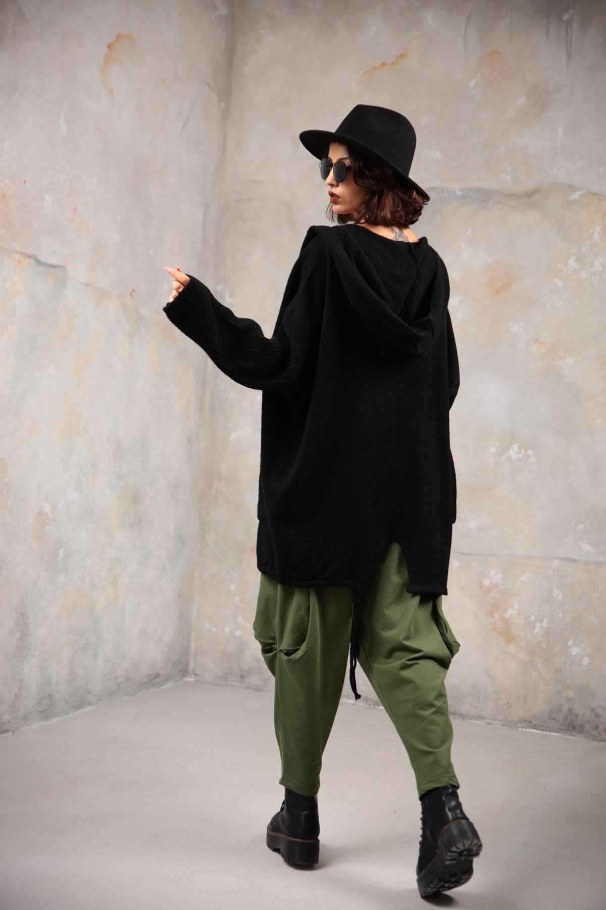 Khaki Belted Drop Crotch Trousers - Saman Butik | Shop Online Khaki Belted Drop Crotch Trousers