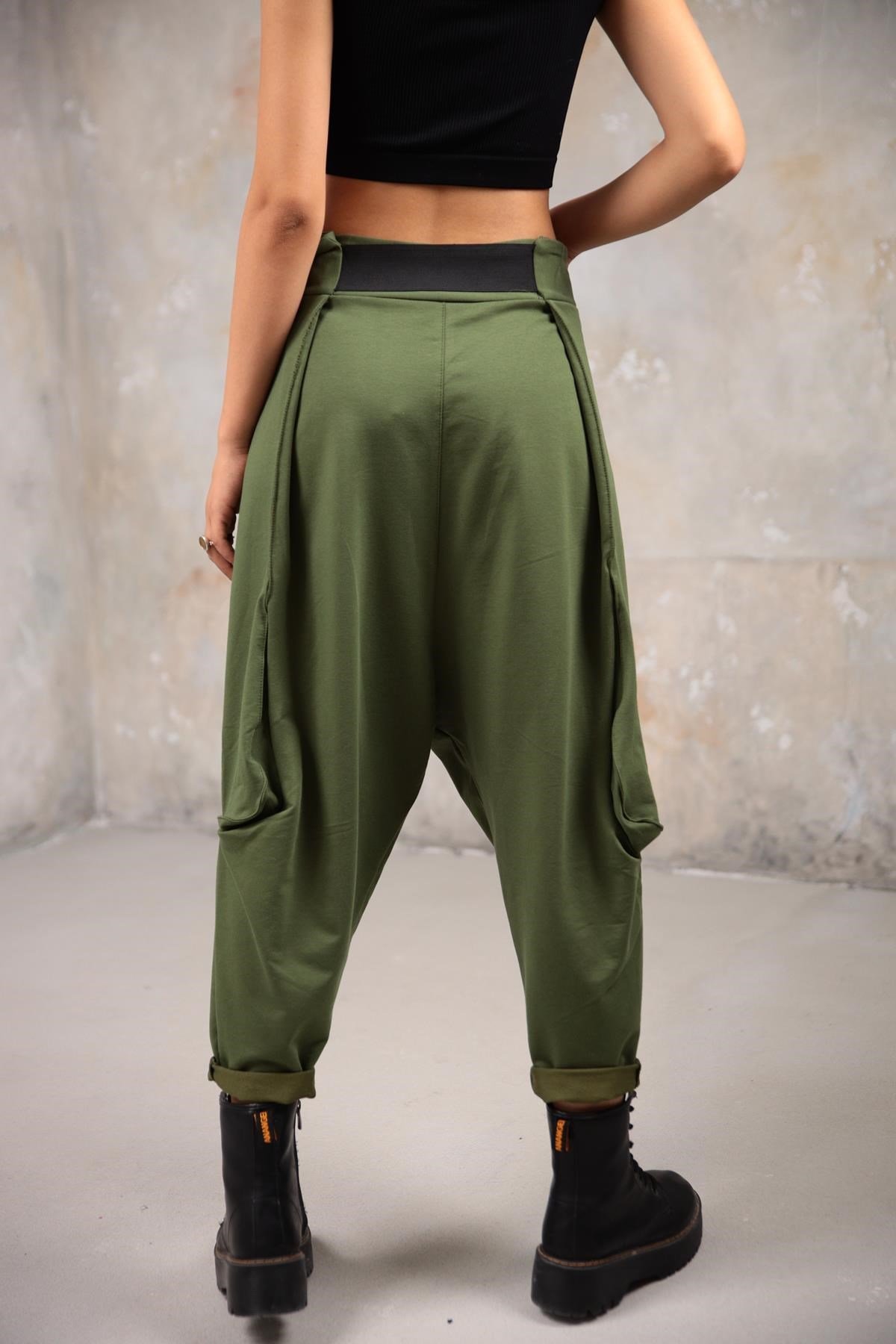 Khaki Belted Drop Crotch Trousers - Saman Butik | Shop Online Khaki Belted Drop Crotch Trousers