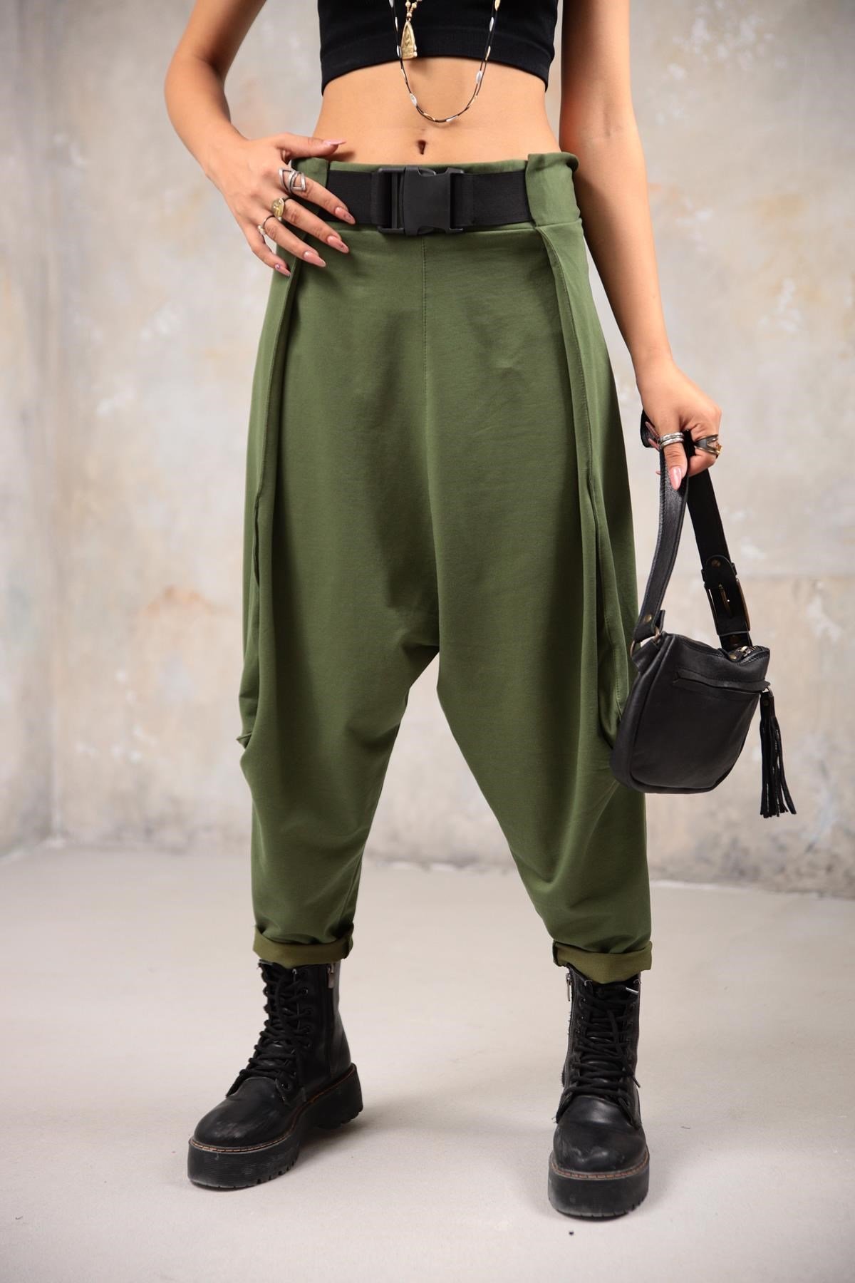 Khaki Belted Drop Crotch Trousers - Saman Butik | Shop Online Khaki Belted Drop Crotch Trousers