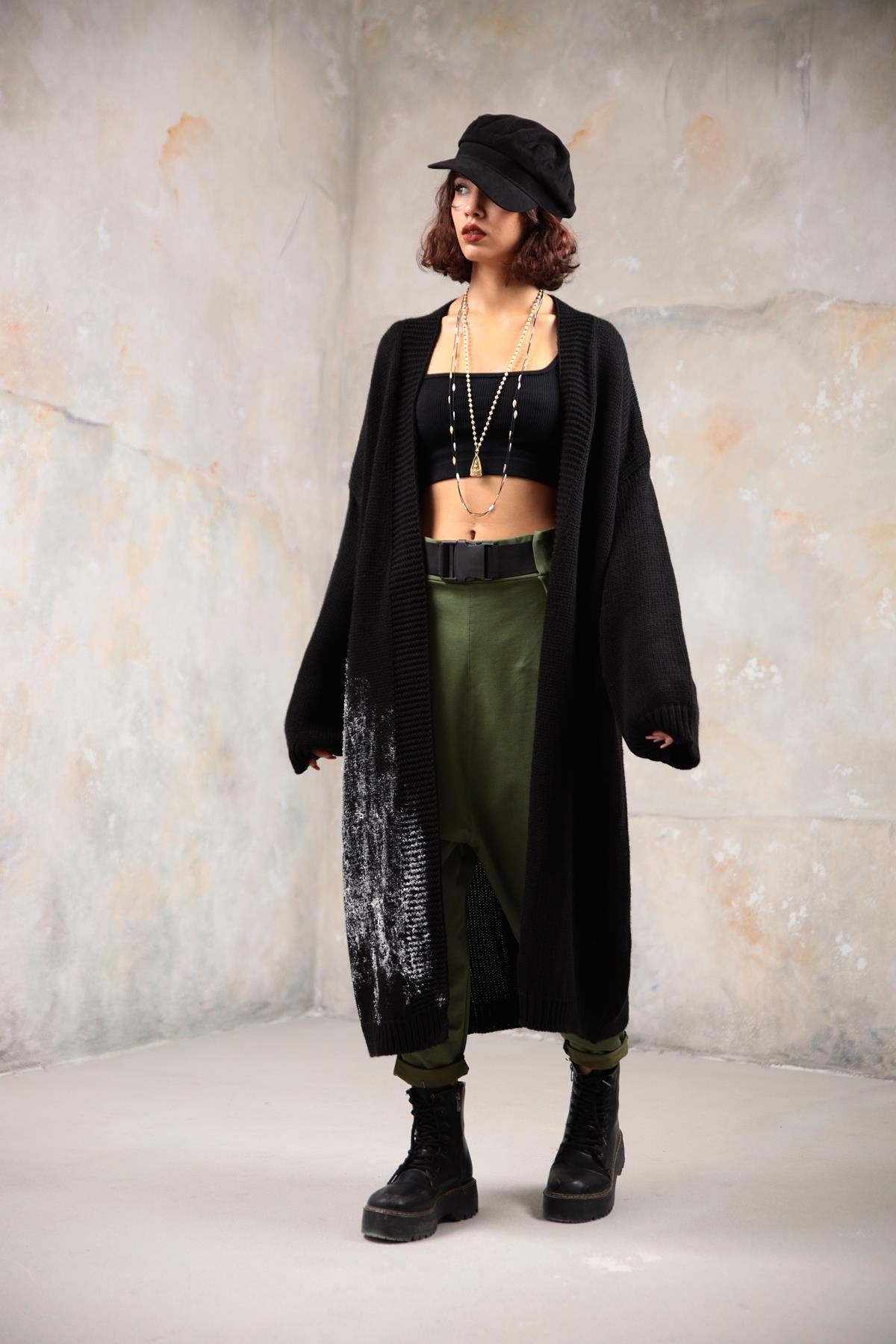 Khaki Belted Drop Crotch Trousers - Saman Butik | Shop Online Khaki Belted Drop Crotch Trousers