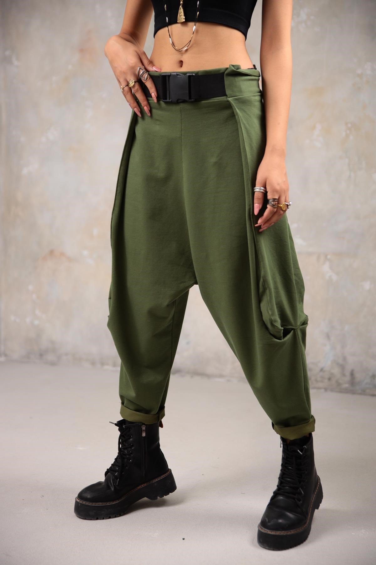 Khaki Belted Drop Crotch Trousers - Saman Butik | Shop Online Khaki Belted Drop Crotch Trousers