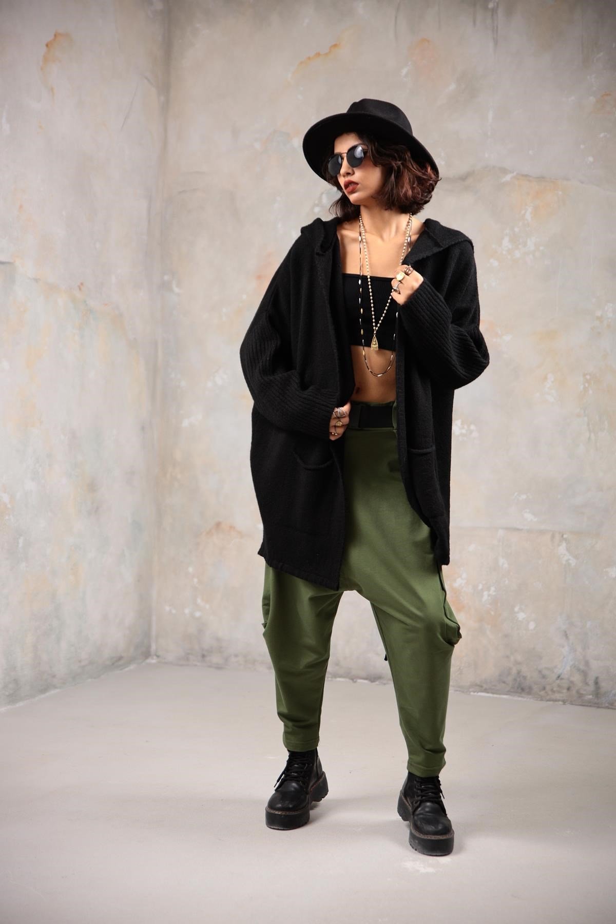 Khaki Belted Drop Crotch Trousers - Saman Butik | Shop Online Khaki Belted Drop Crotch Trousers