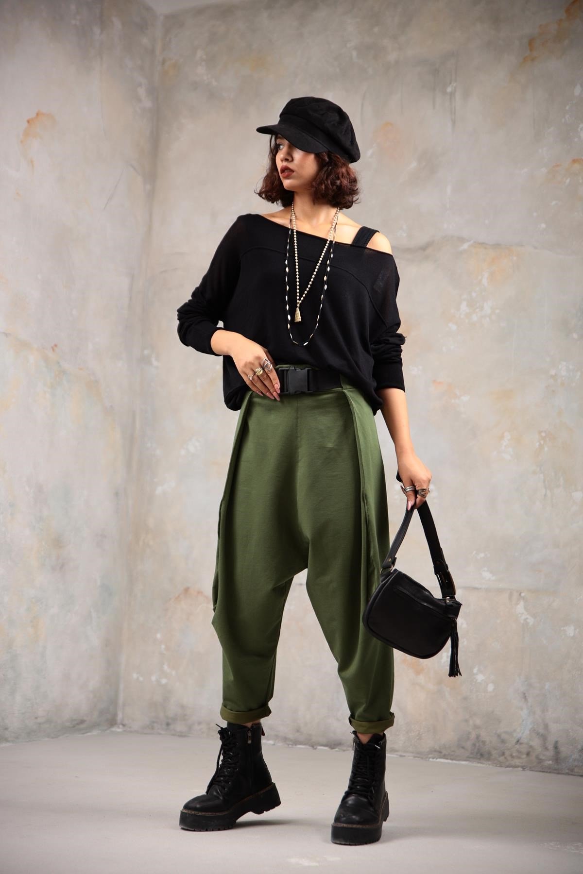 Khaki Belted Drop Crotch Trousers - Saman Butik | Shop Online Khaki Belted Drop Crotch Trousers