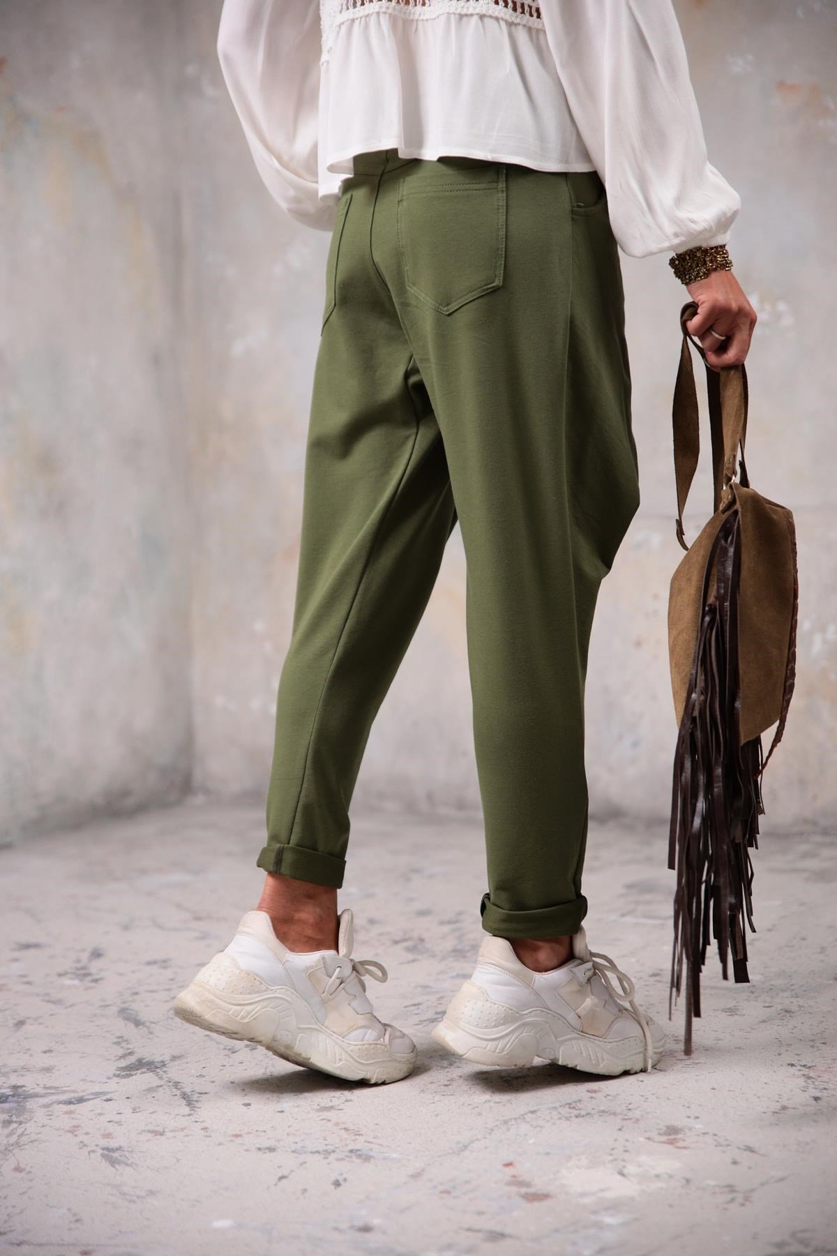 Navy Green Crossover Drop Crotch Trousers - Saman Butik | Shop Online Navy Green Crossover Drop Crotch Trousers
