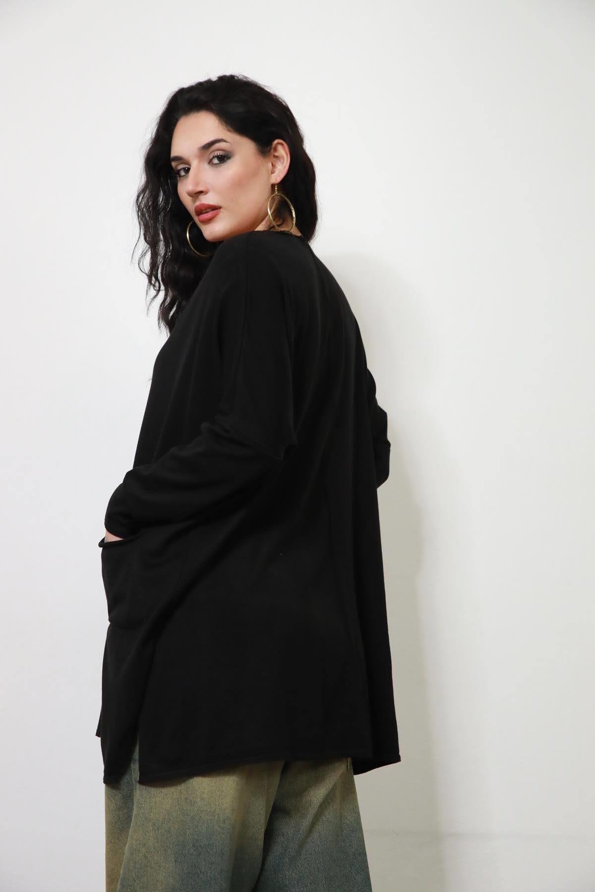 Siyah Bisiklet Yaka Çift Cepli Oversize Triko Bluz