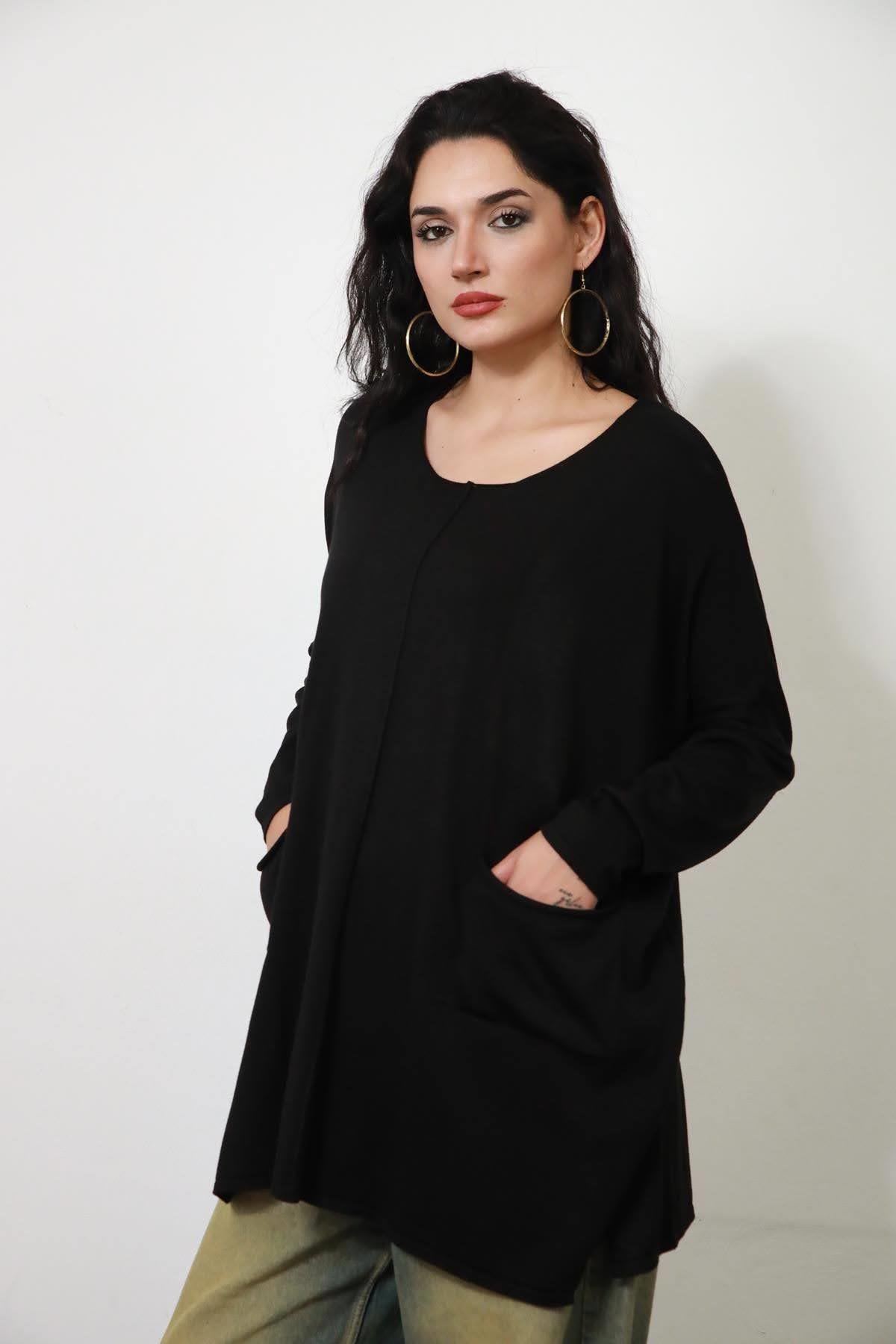Siyah Bisiklet Yaka Çift Cepli Oversize Triko Bluz