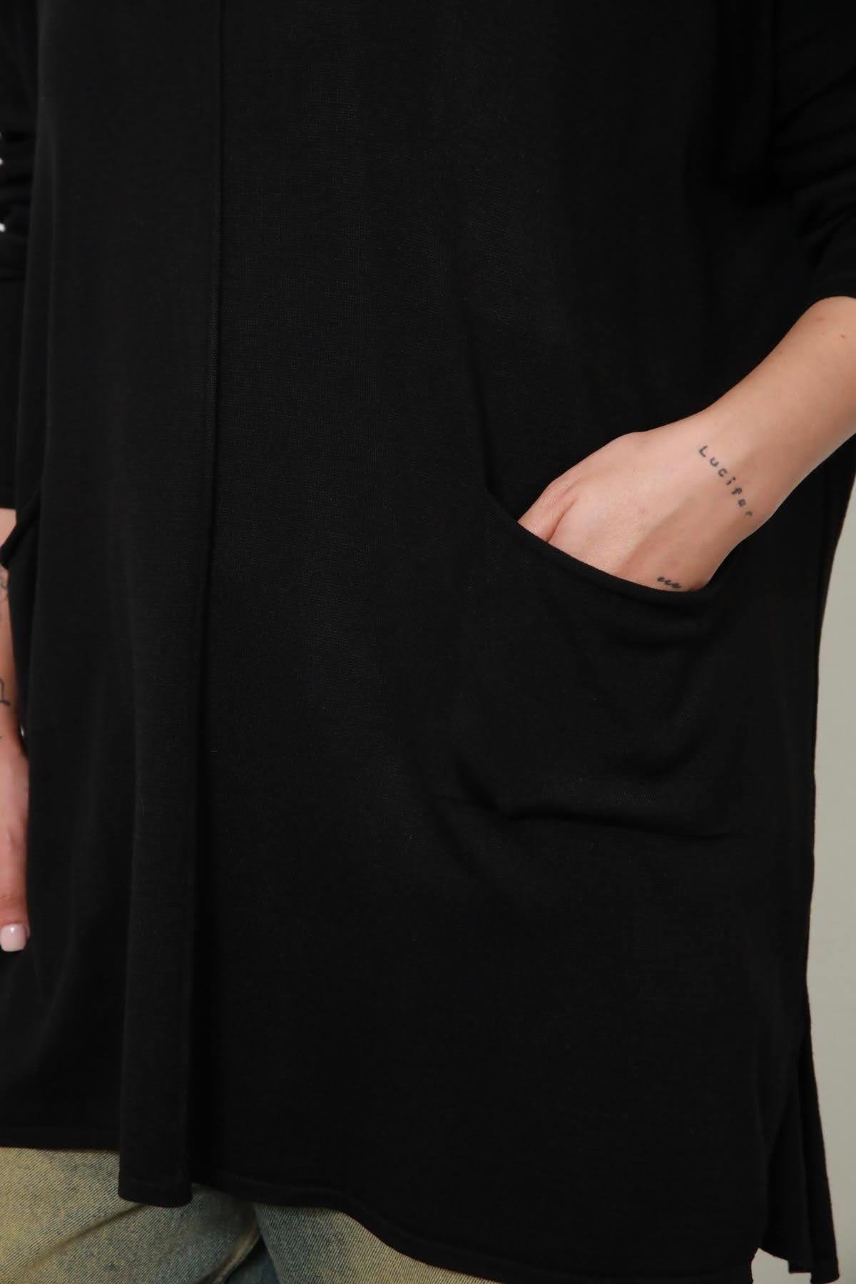 Siyah Bisiklet Yaka Çift Cepli Oversize Triko Bluz