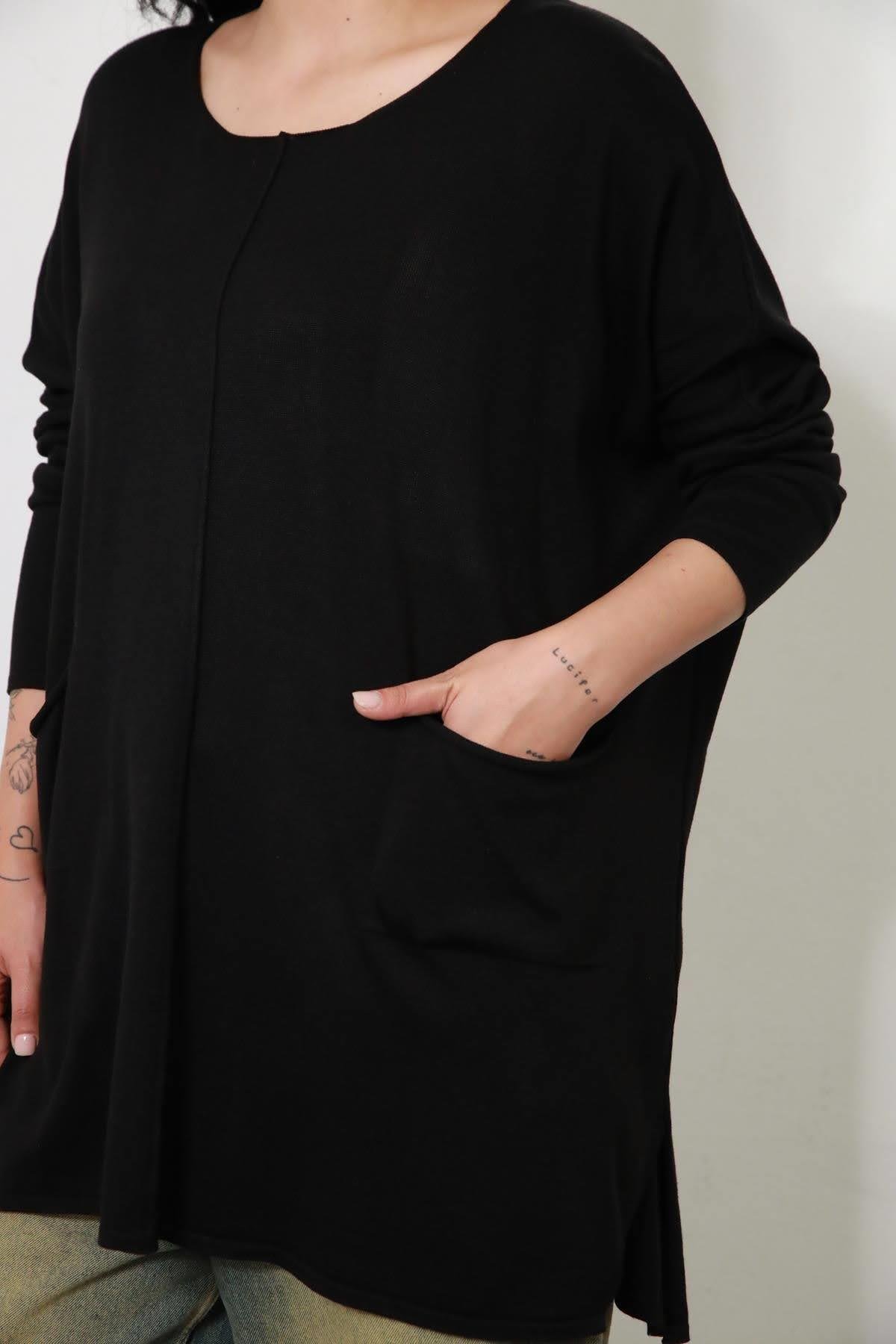 Siyah Bisiklet Yaka Çift Cepli Oversize Triko Bluz