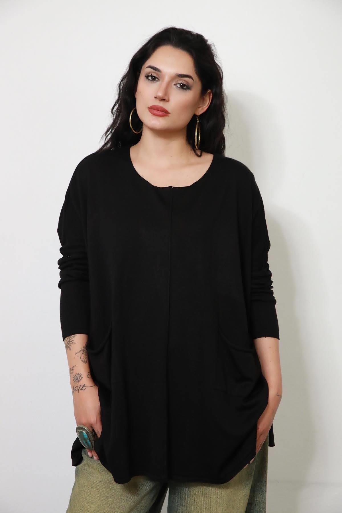 Siyah Bisiklet Yaka Çift Cepli Oversize Triko Bluz