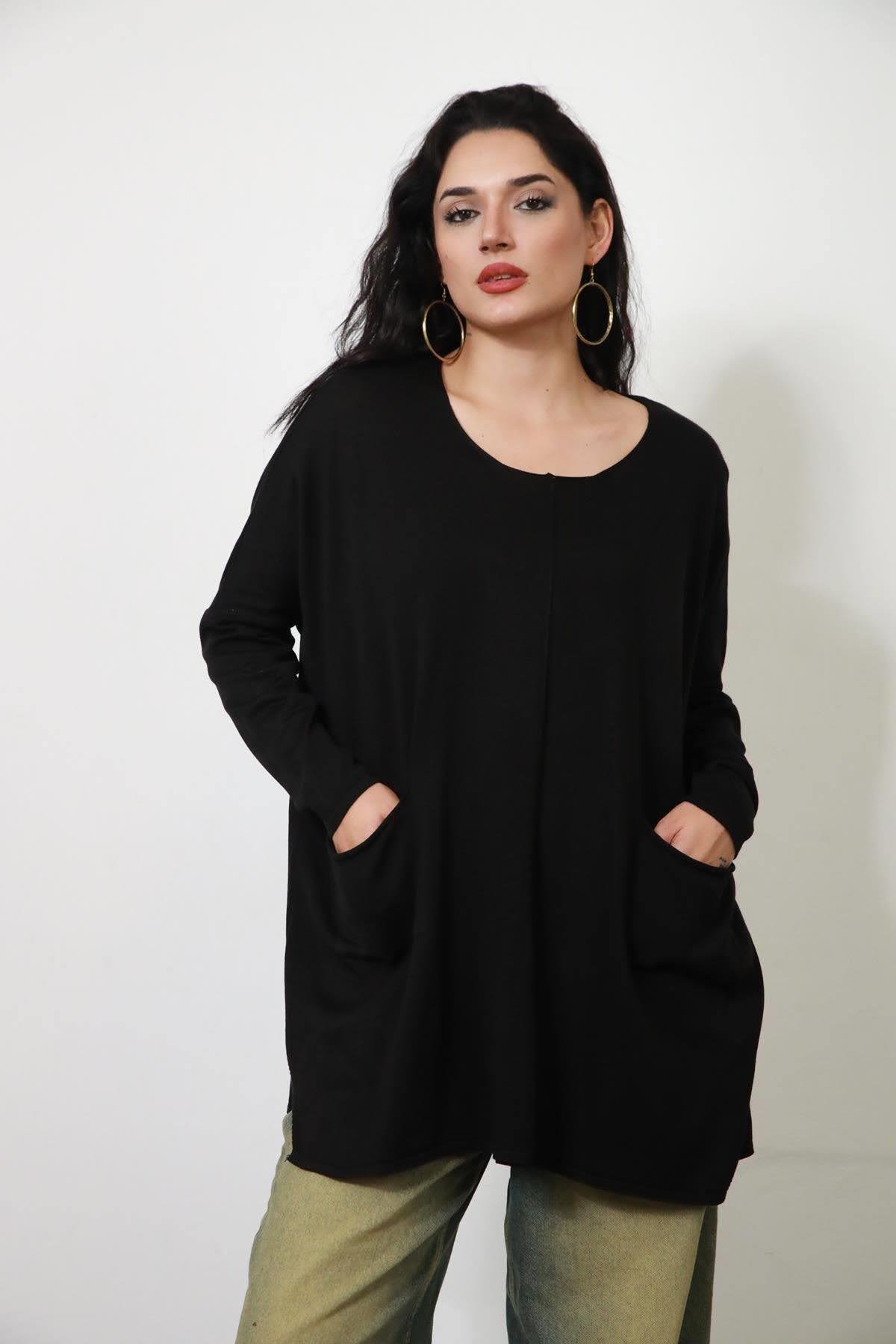 Siyah Bisiklet Yaka Çift Cepli Oversize Triko Bluz