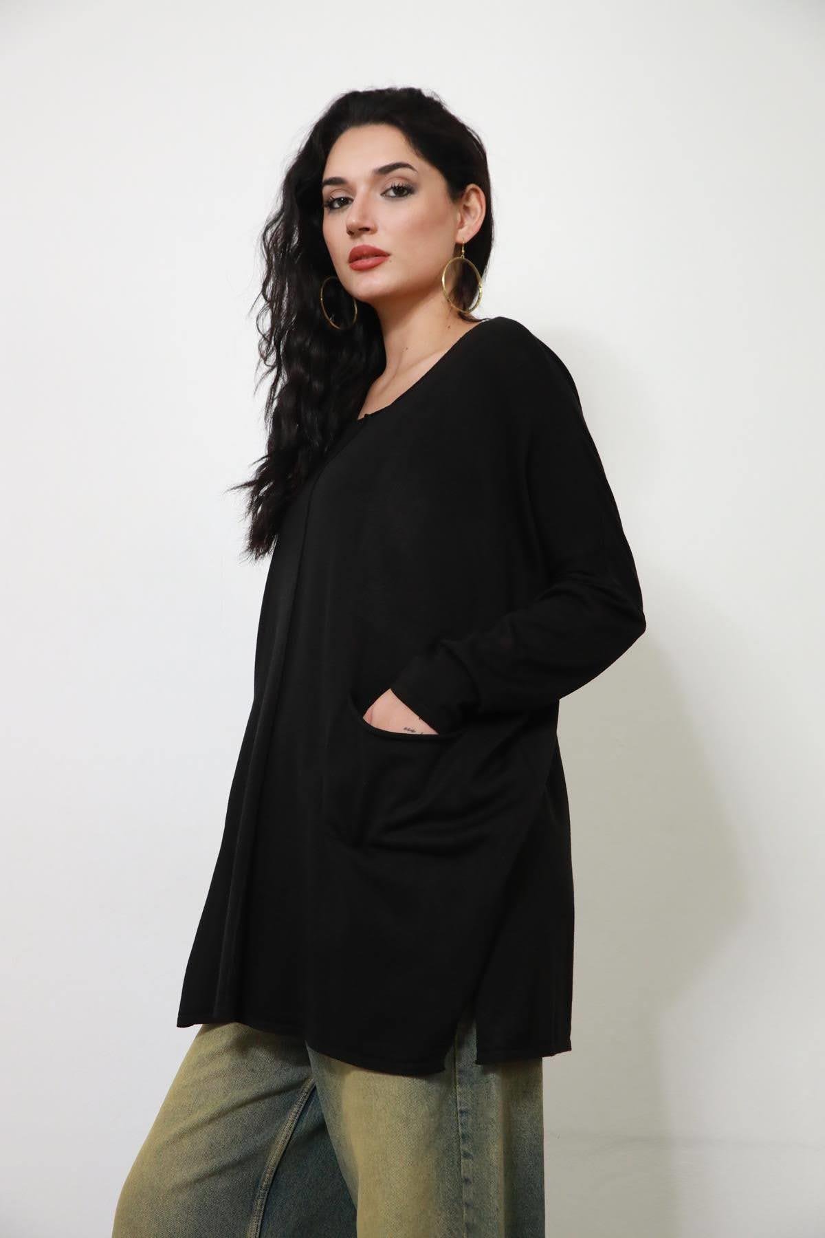 Siyah Bisiklet Yaka Çift Cepli Oversize Triko Bluz