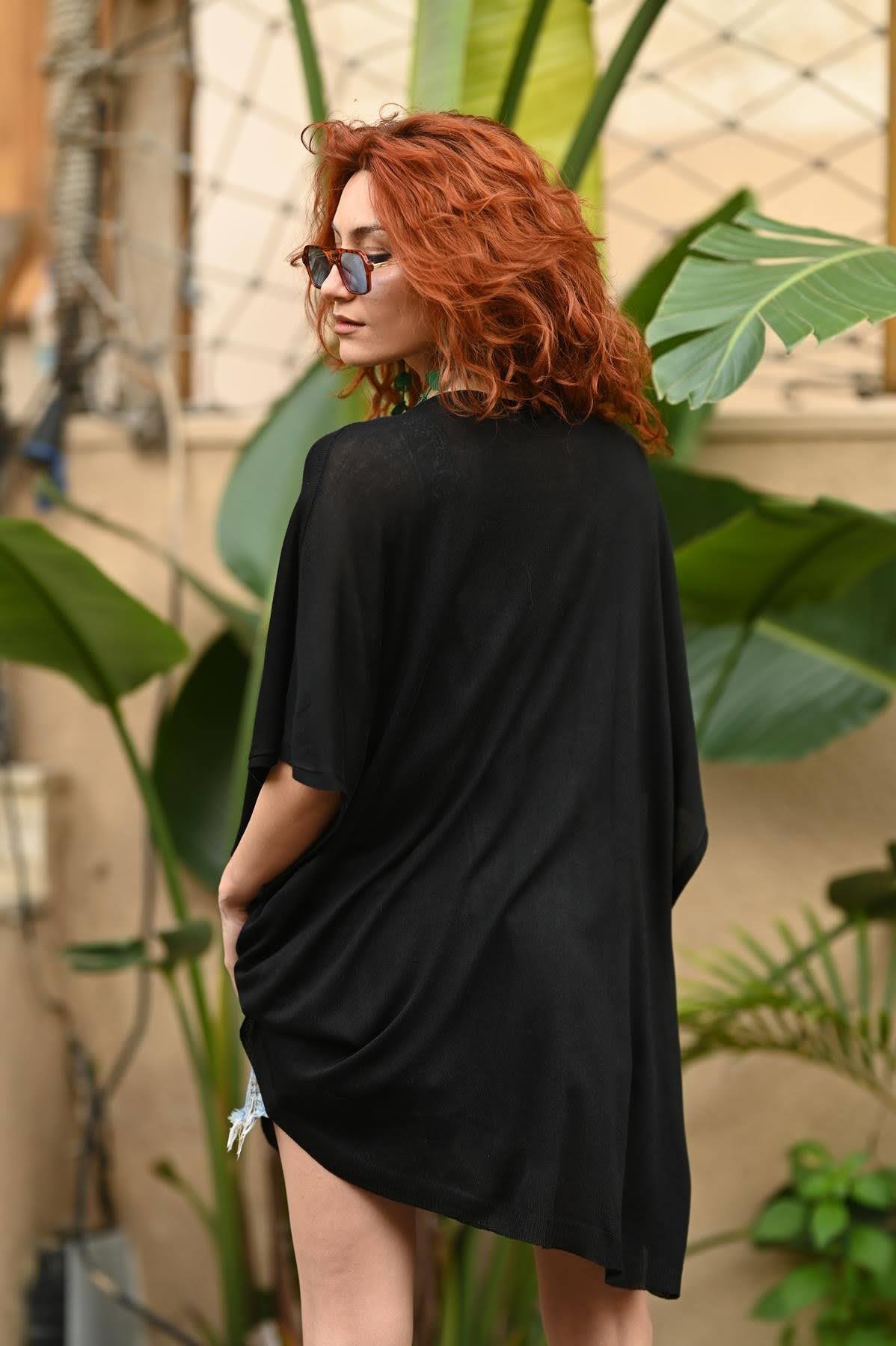 Siyah Bisiklet Yaka Oversize Triko Tunik